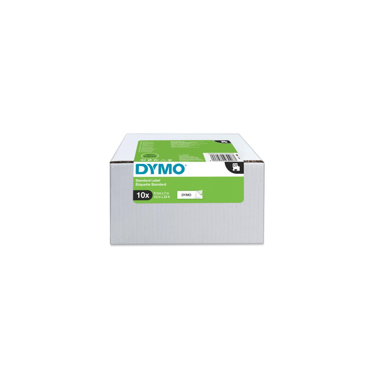 Eine weiße Pappschachtel mit einem grünen Etikett mit "DYMO" und "Standard Label".