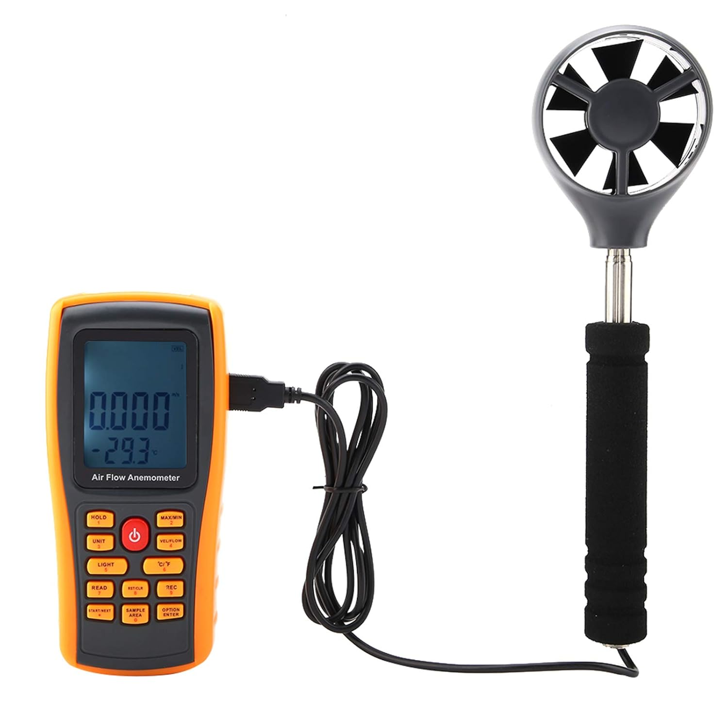 Orange Windmesser mit Digitalanzeige und Lüftersonde, durch Draht verbunden.