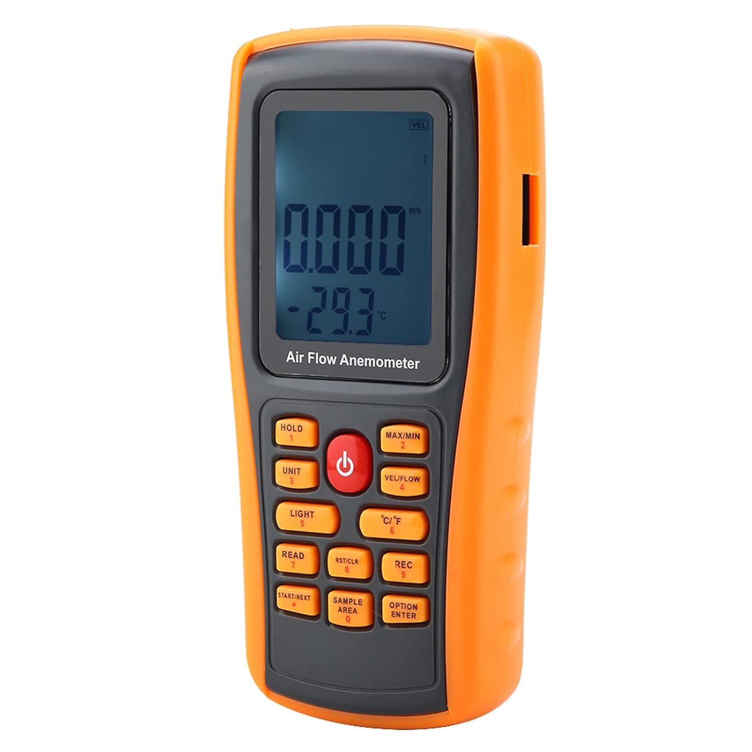 Oranger und grauer Luftstrom-Anemometer mit Digitalanzeige, die 0,000 und -29,3 anzeigt.