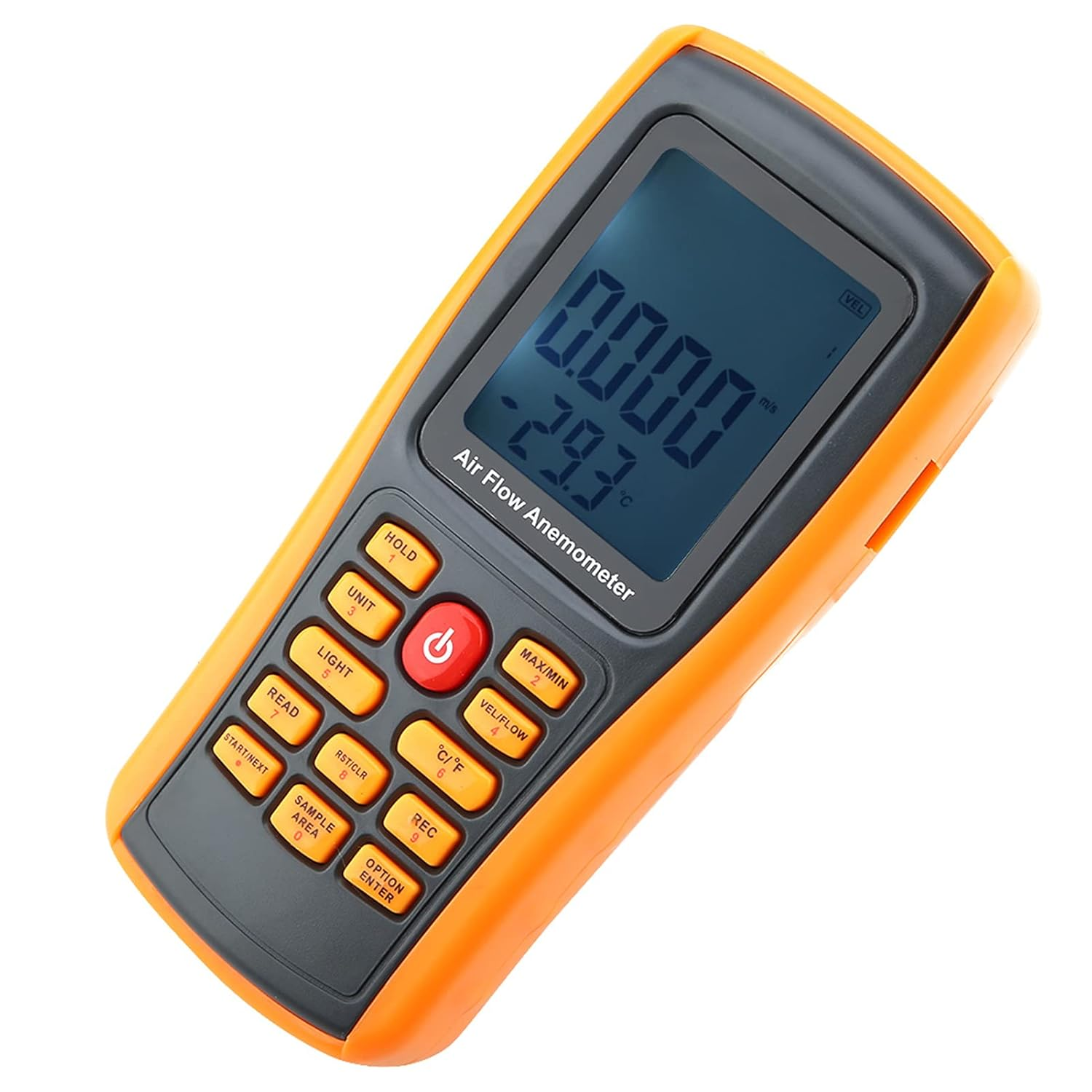 Orange Anemometer mit schwarzer Taste und LCD-Display, das 0.000 m/s und -29,3 °C anzeigt.