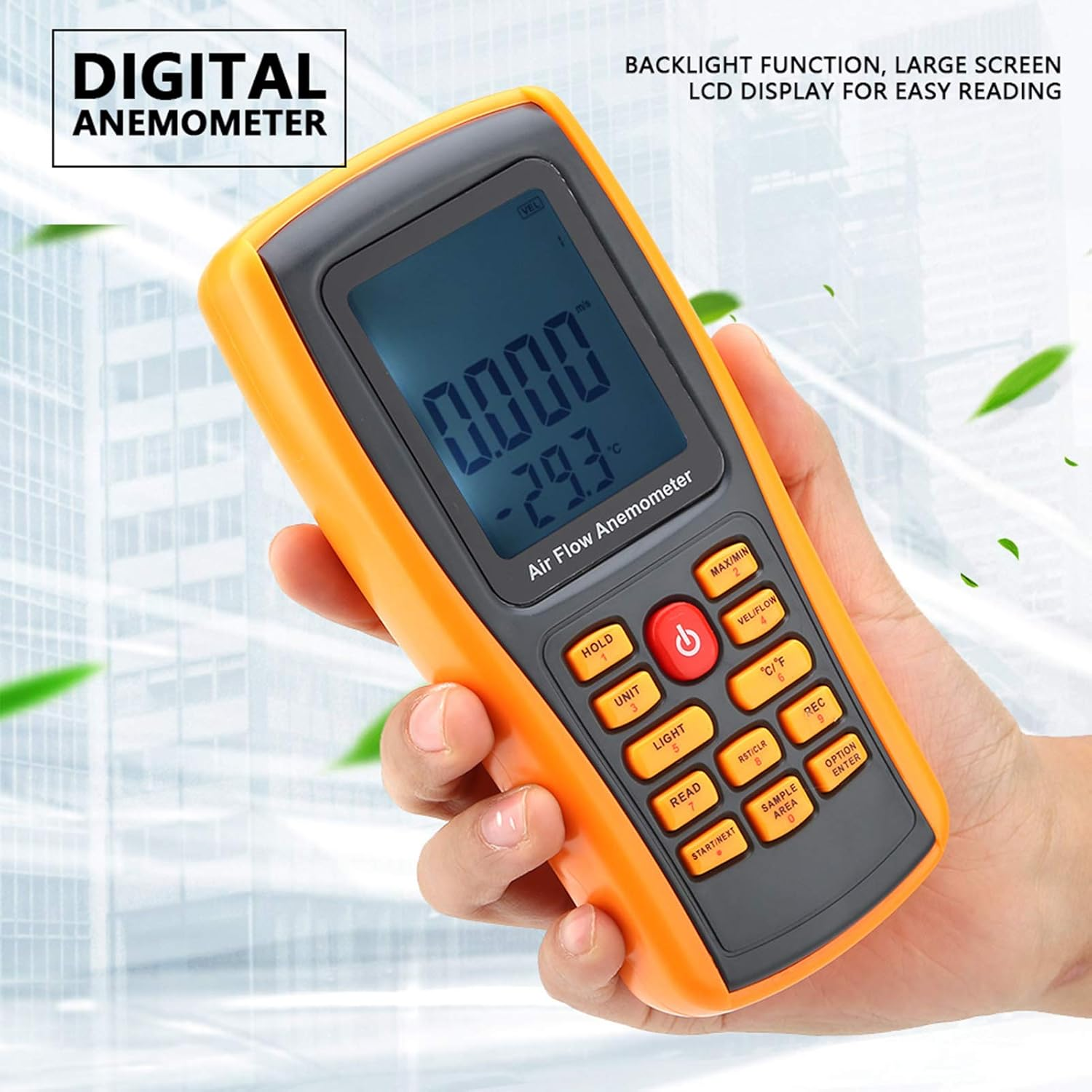 Oranger Digital-Anemometer in der Hand, zeigt Luftstrom und Temperatur.