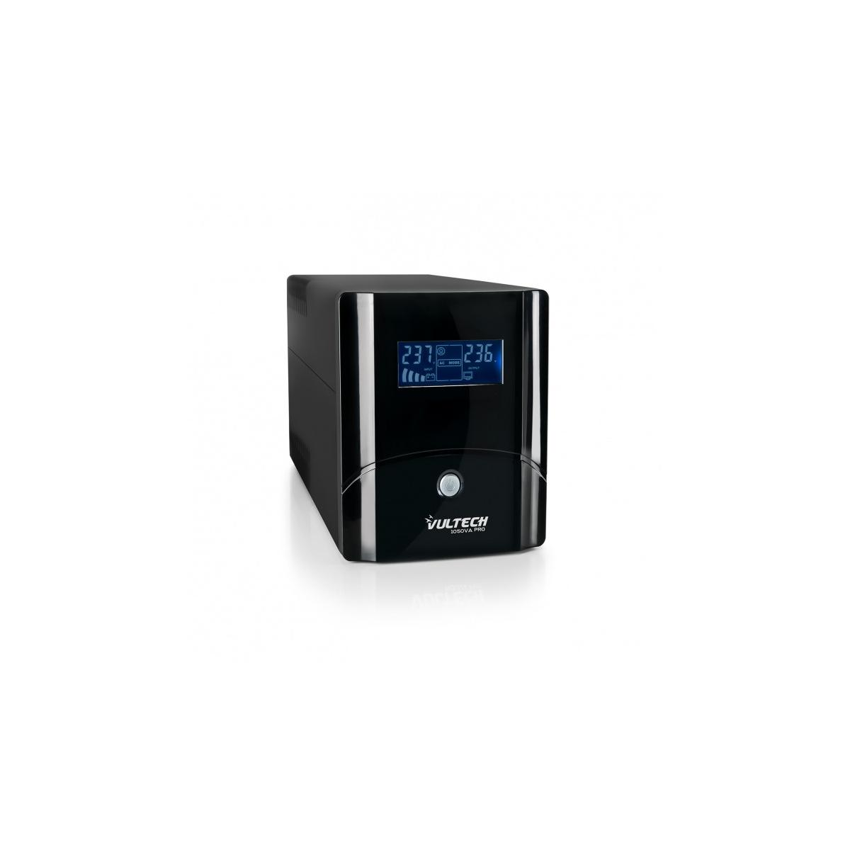 Gruppo di continuità nero con schermo LCD blu che mostra 237V in ingresso e 236V in uscita.