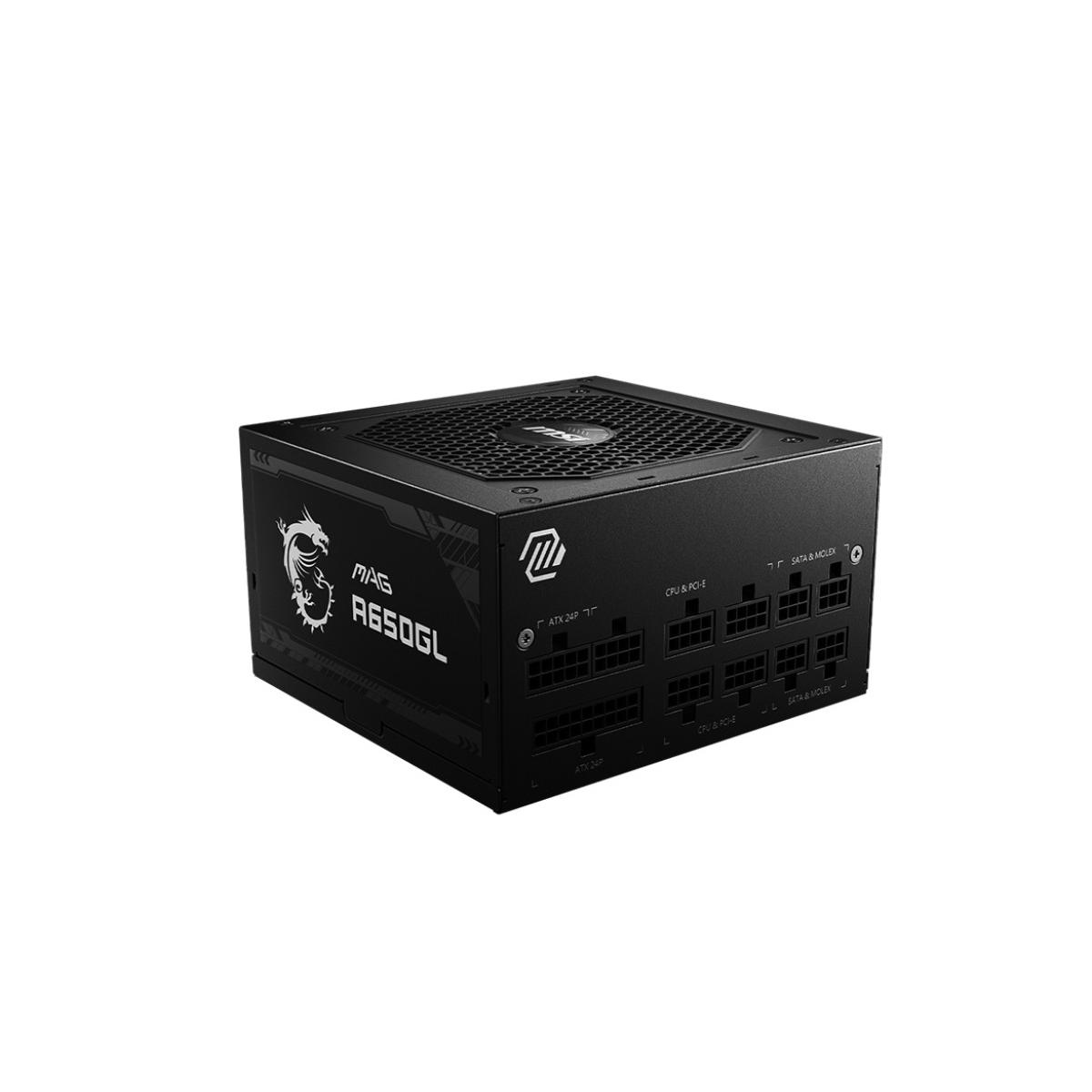 Black power supply unit with MAG A650GL logo and various ports.