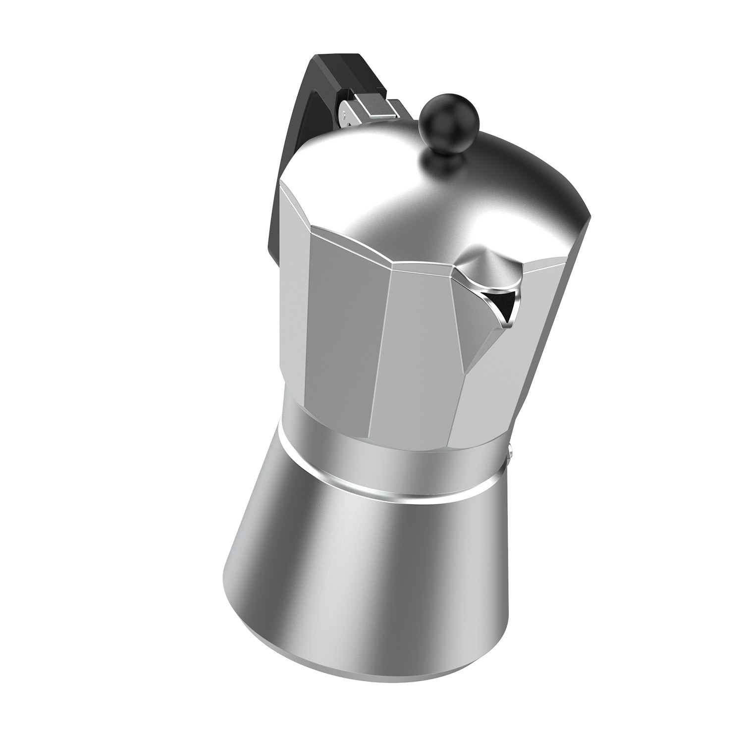 Una cafetera moka plateada con asa y pomo negros sobre fondo blanco.