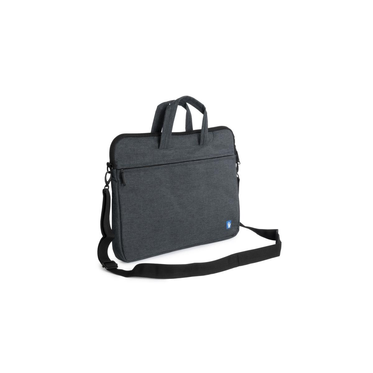 Borsa grigia per laptop con manici e tracolla, sfondo bianco.