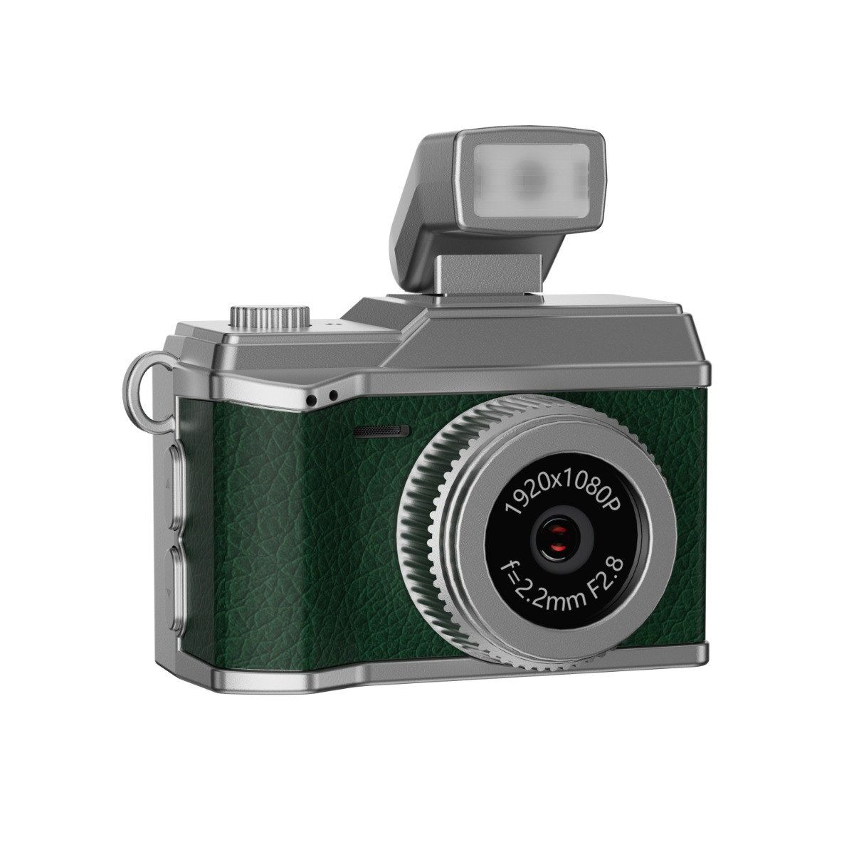 Eine grüne Retro-Kamera mit silbernen Akzenten und ausklappbarem Blitz.