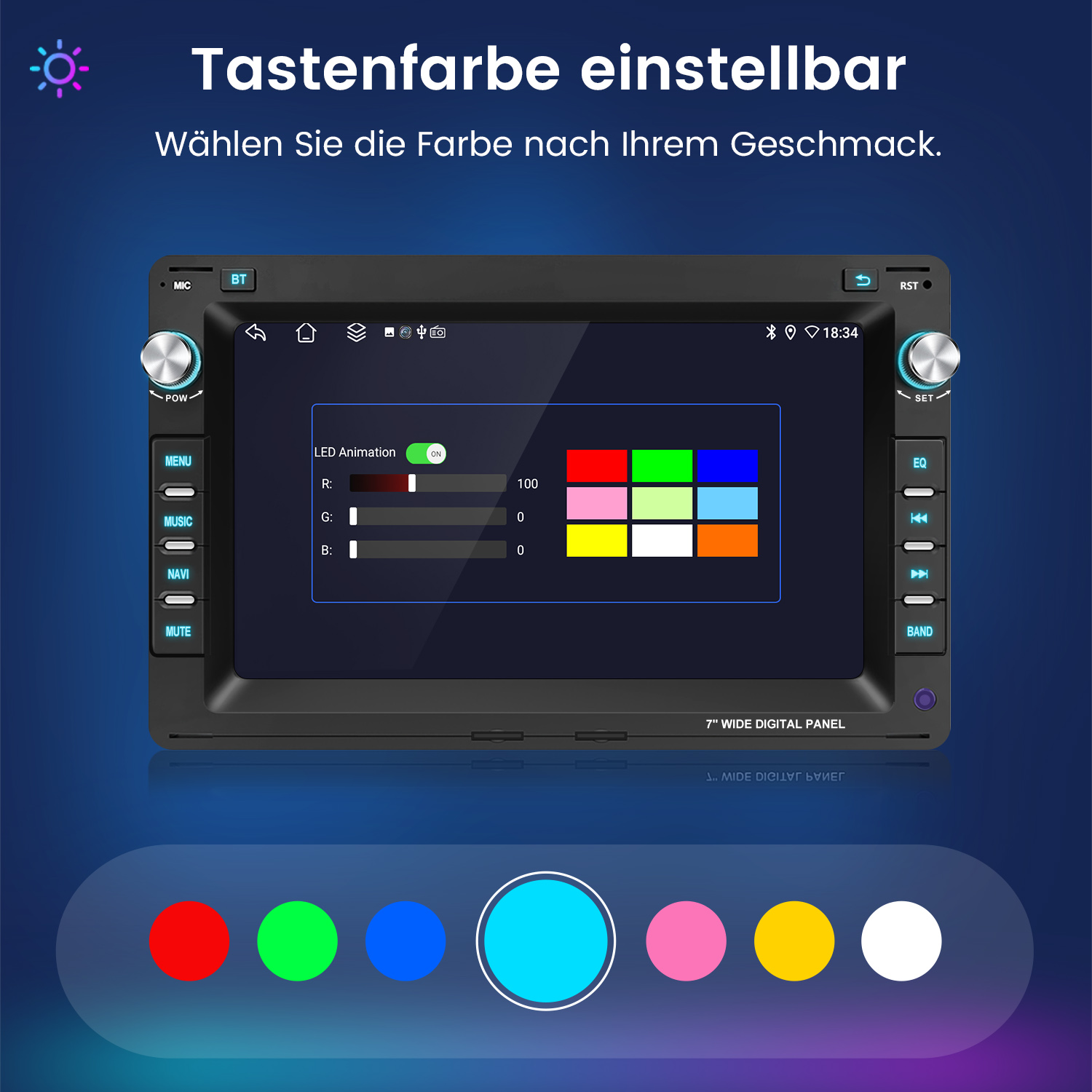 Ein Autoradio-Bildschirm zeigt ein Menü zur Einstellung der Tastenfarbe mit Farbauswahl.