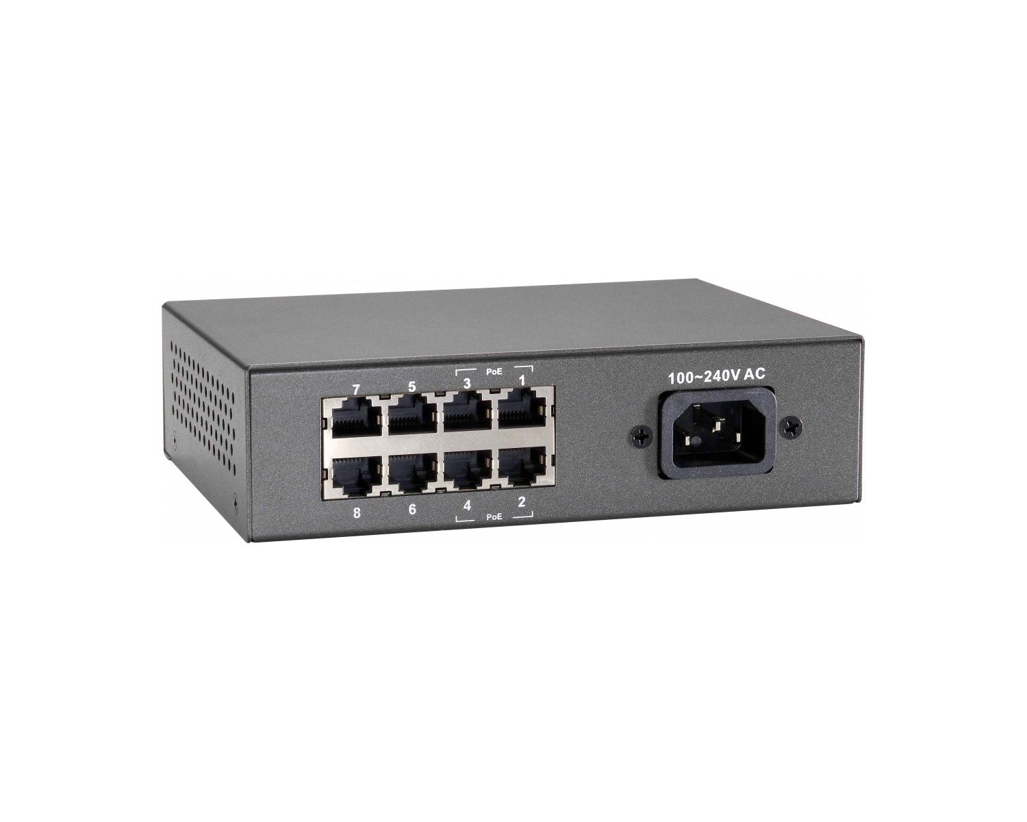Gray 8-port network switch with AC power input.