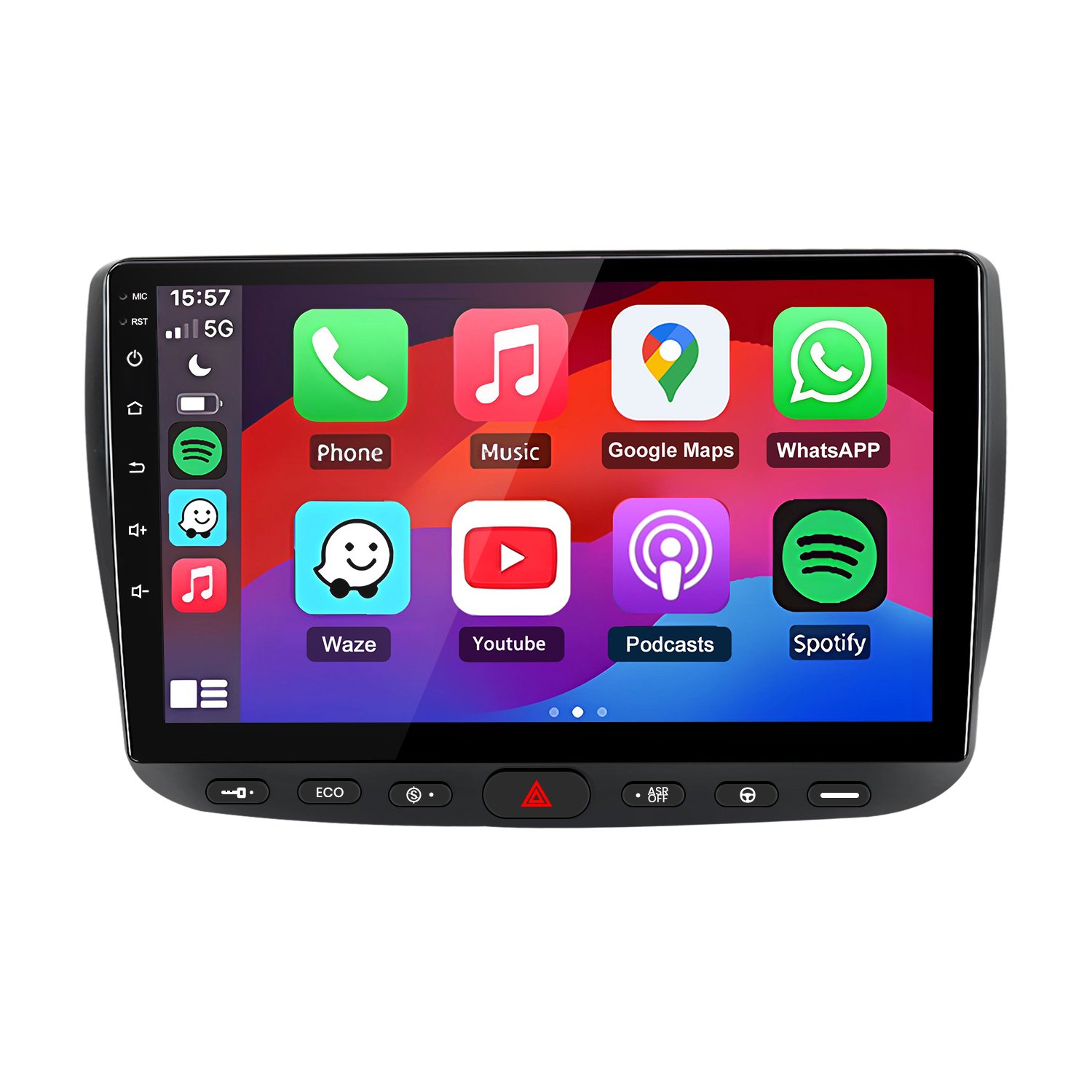 Schermo touch per autoradio con icone app: Telefono, Musica, Mappe, WhatsApp, Waze, YouTube, Podcast, Spotify.