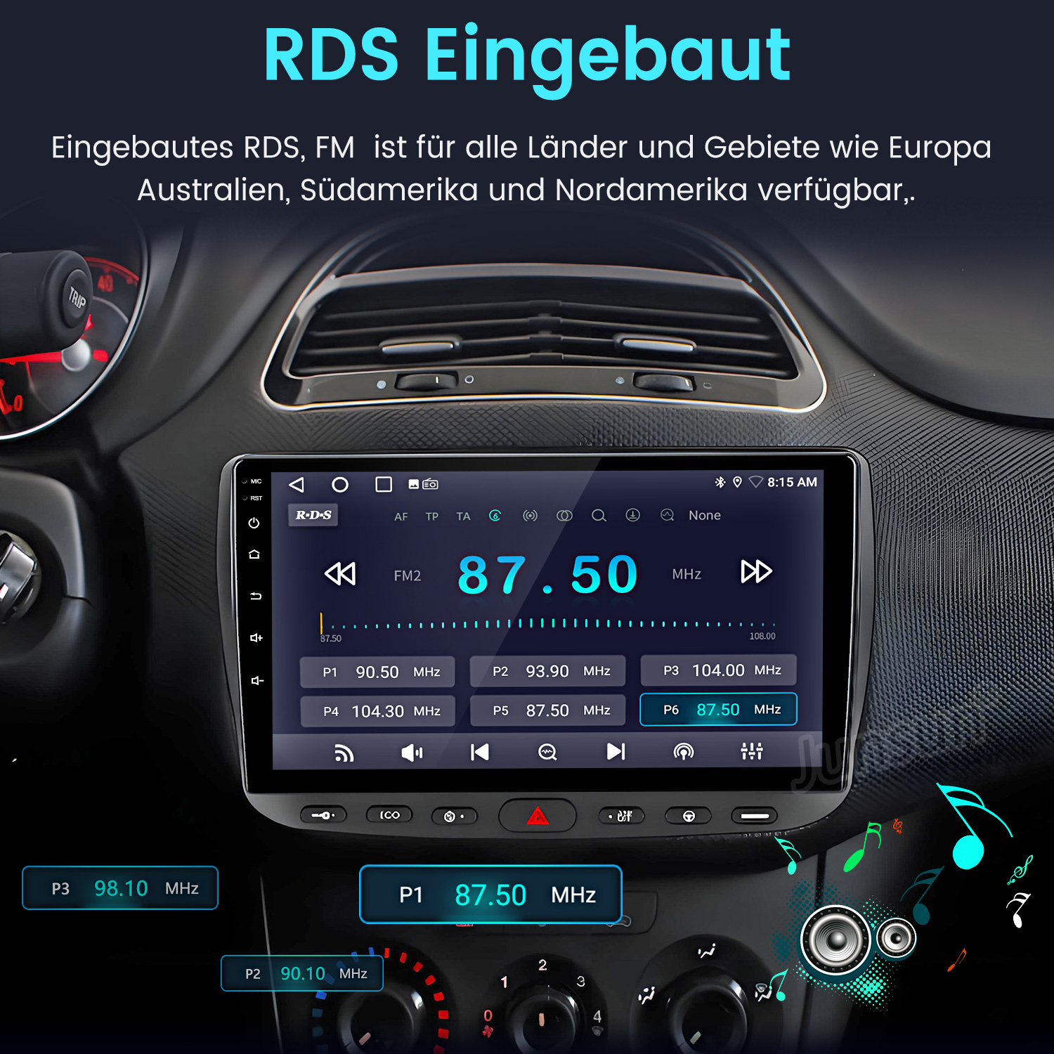 Ein Autoradio mit RDS- und FM-Funktion wird gezeigt, das 87,50 MHz anzeigt.