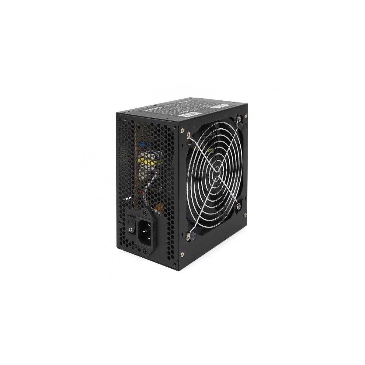 Alimentatore nero per PC con ventola e interruttore su sfondo bianco.