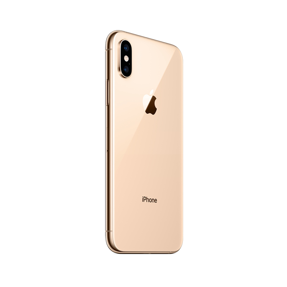 Złoty iPhone z podwójnym aparatem i logo Apple na białym tle.