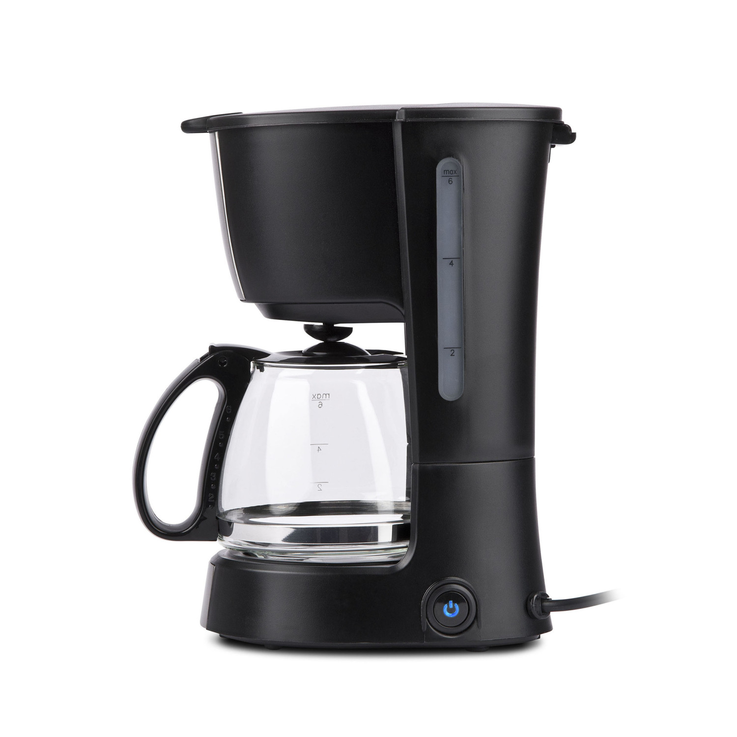 Cafetera negra con jarra de cristal e indicador de nivel de agua.