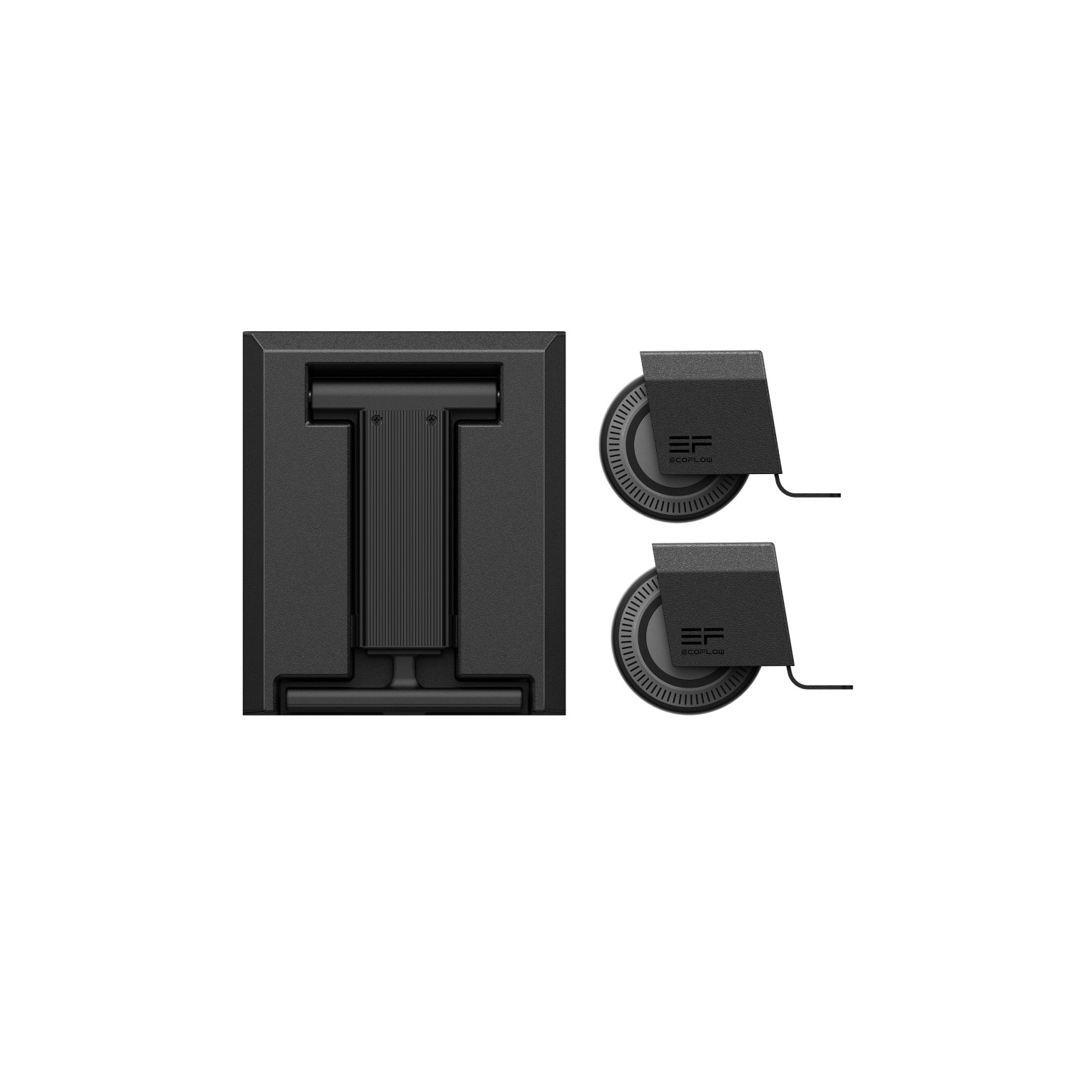 Un soporte negro y dos adaptadores redondos negros con cables.