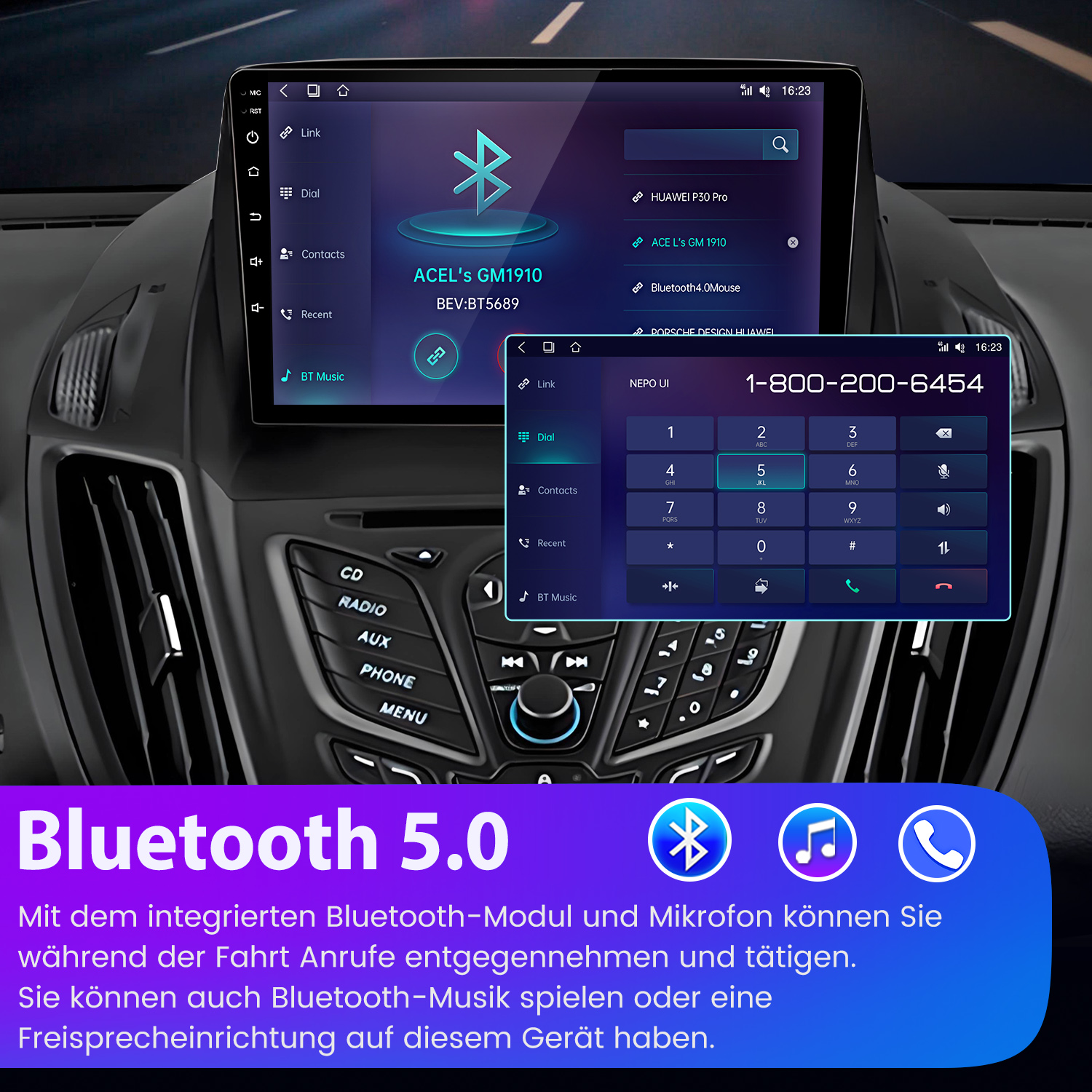 Autodisplay zeigt Bluetooth-Menü, Kontakte und Ziffernblock. Unten steht "Bluetooth 5.0".