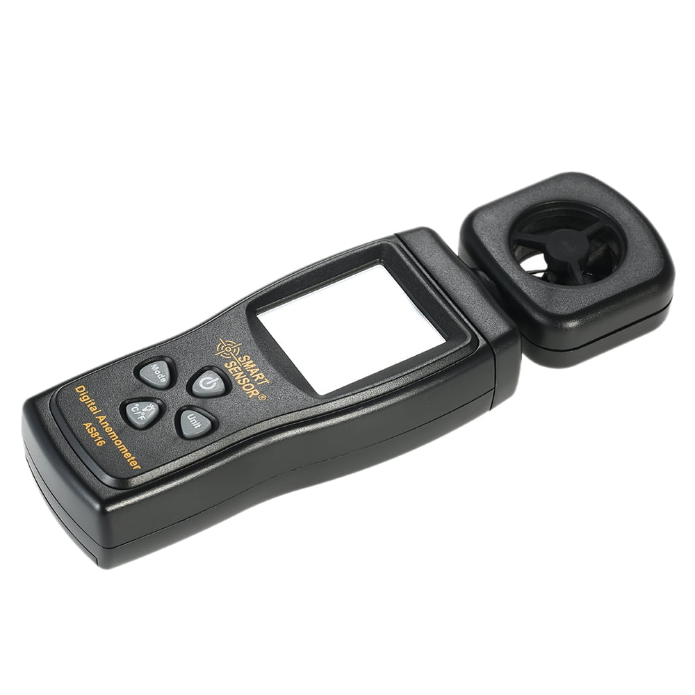 Schwarzes digitales Anemometer mit LCD-Bildschirm und Windrad. Beschriftung: SMART SENSOR AS816.