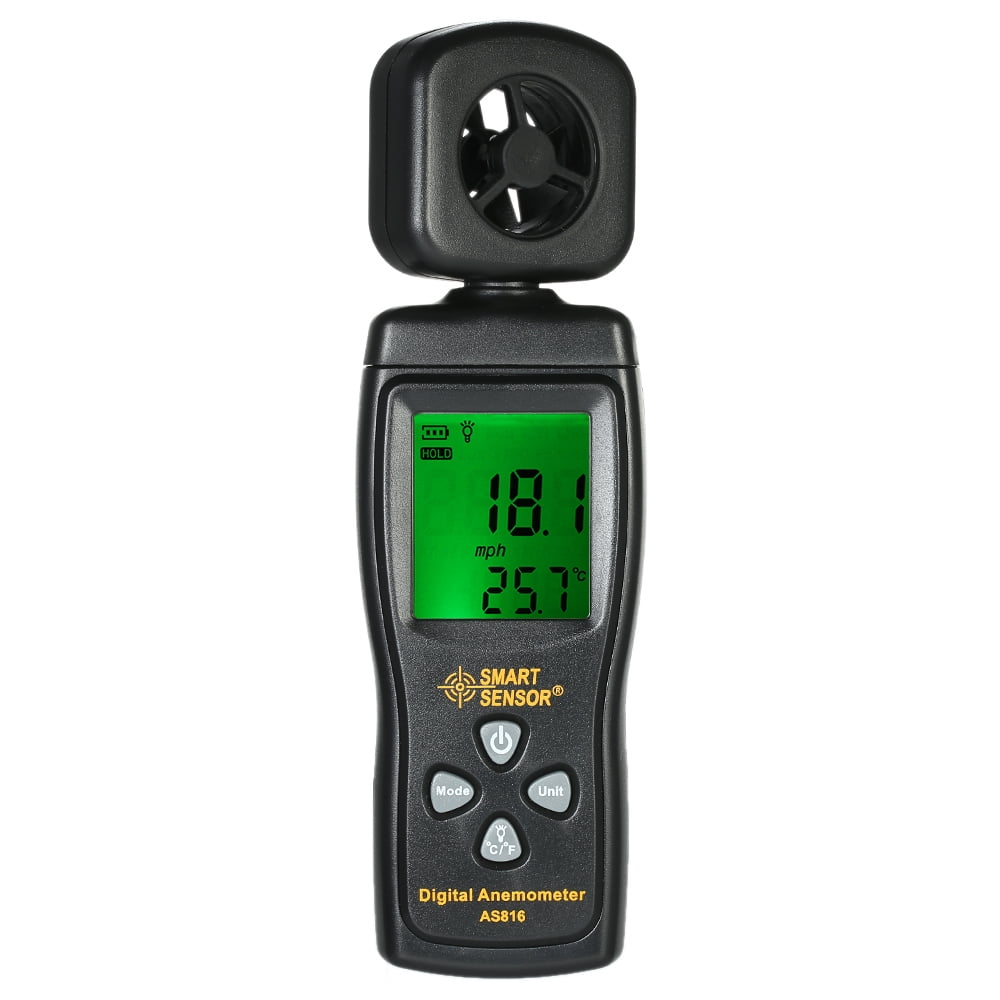 Ein schwarzes digitales Anemometer mit einem LCD-Bildschirm, das Windgeschwindigkeit und Temperatur anzeigt.
