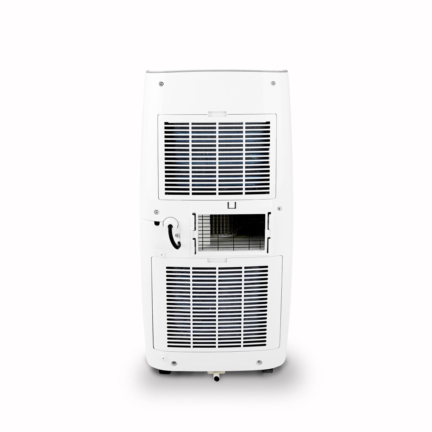 Vista posteriore di un condizionatore portatile bianco con prese d'aria e connessione per tubo.