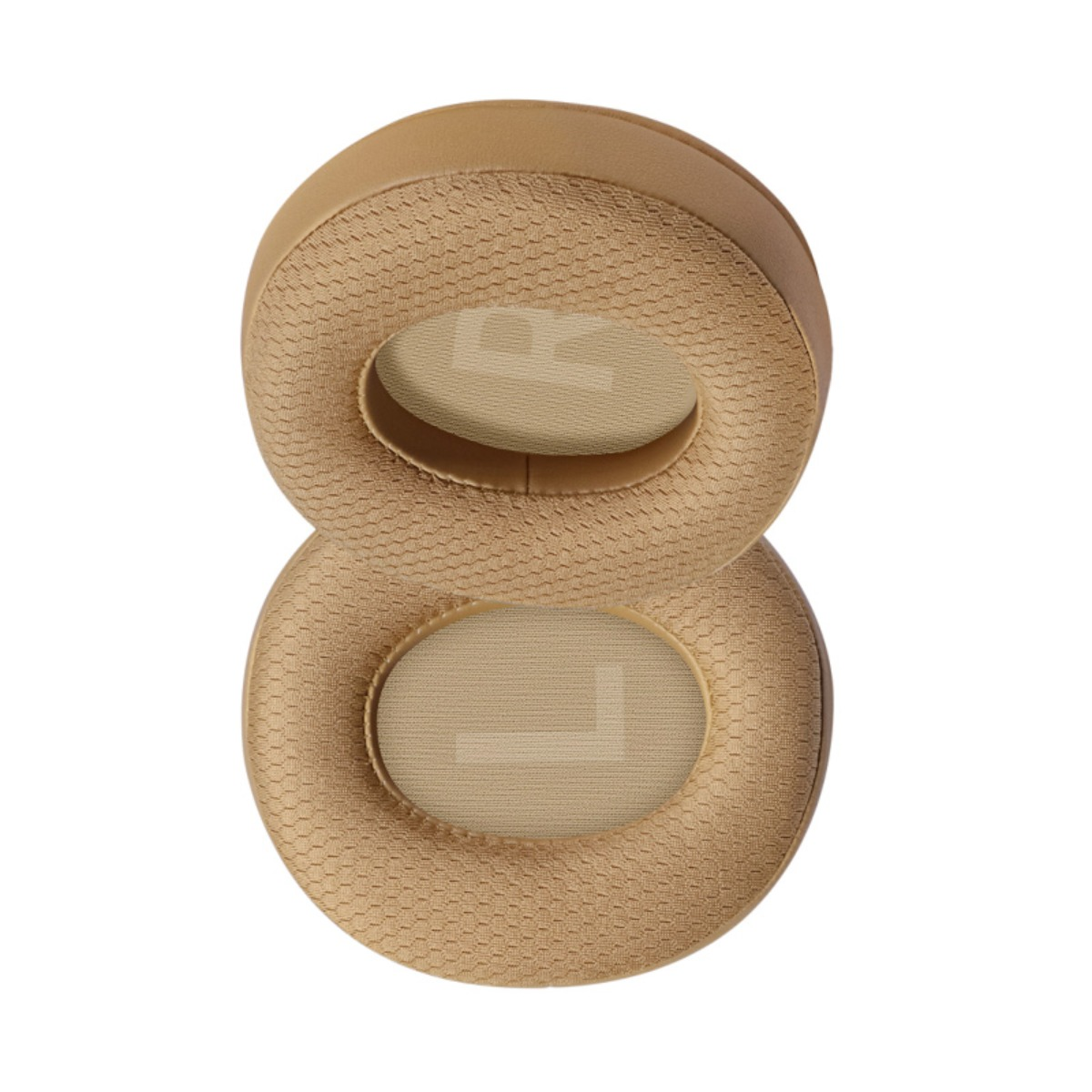 Zwei beige Ohrpolster, eines für links (L) und eines für rechts (R).