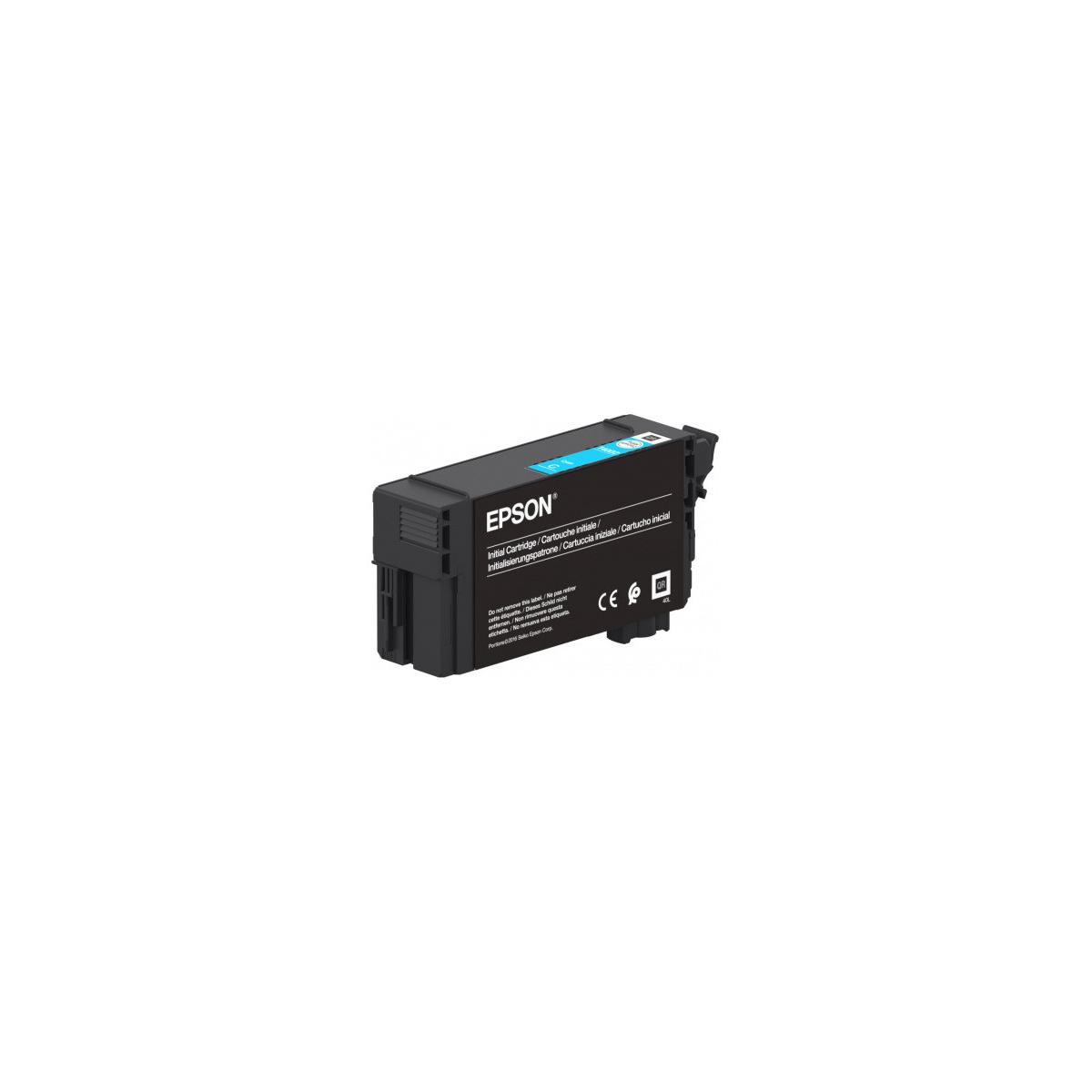 Schwarze Epson Tintenpatrone mit blauem Etikett und CE-Zeichen.