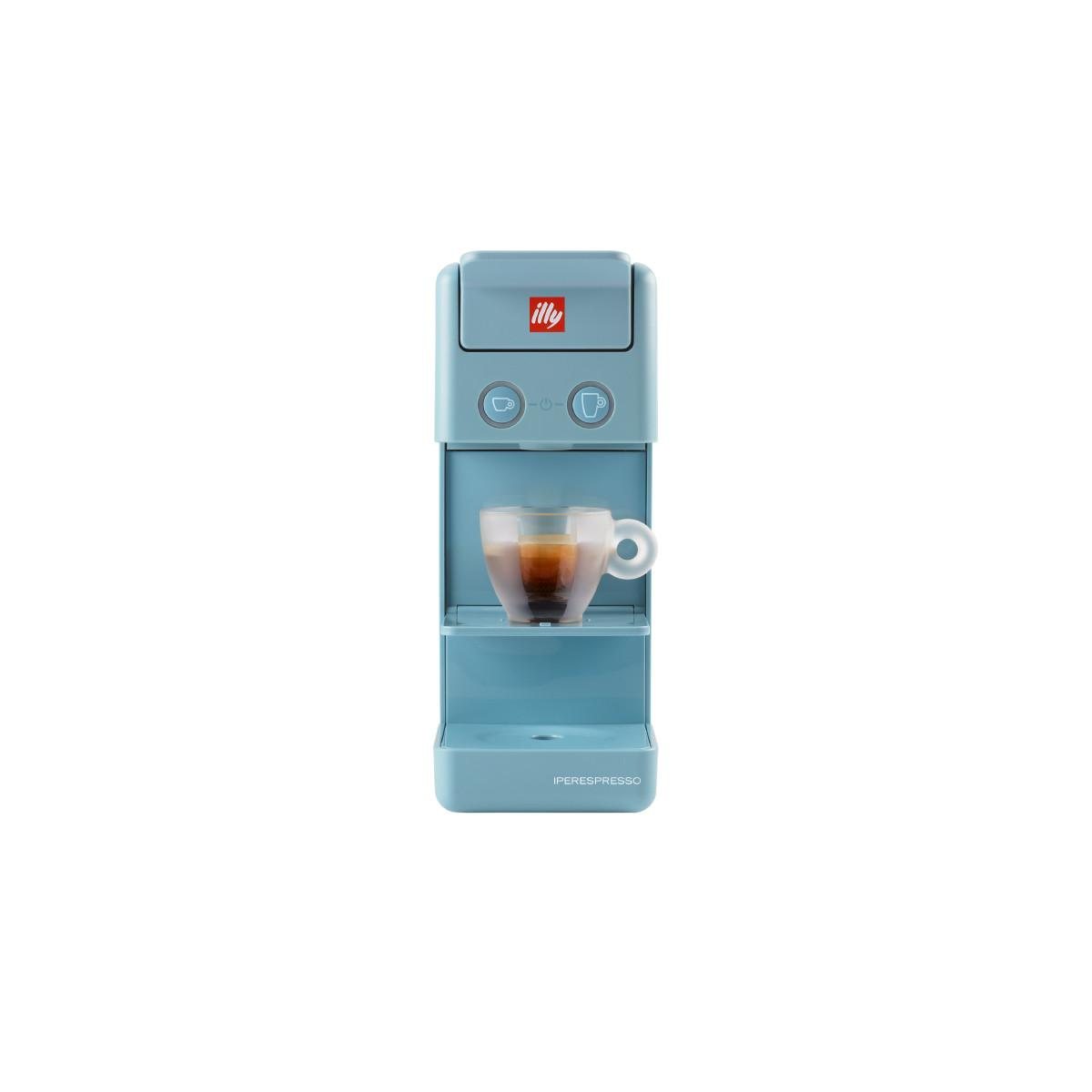 Eine blaue Illy Iperespresso-Kaffeemaschine mit einer Espressotasse.