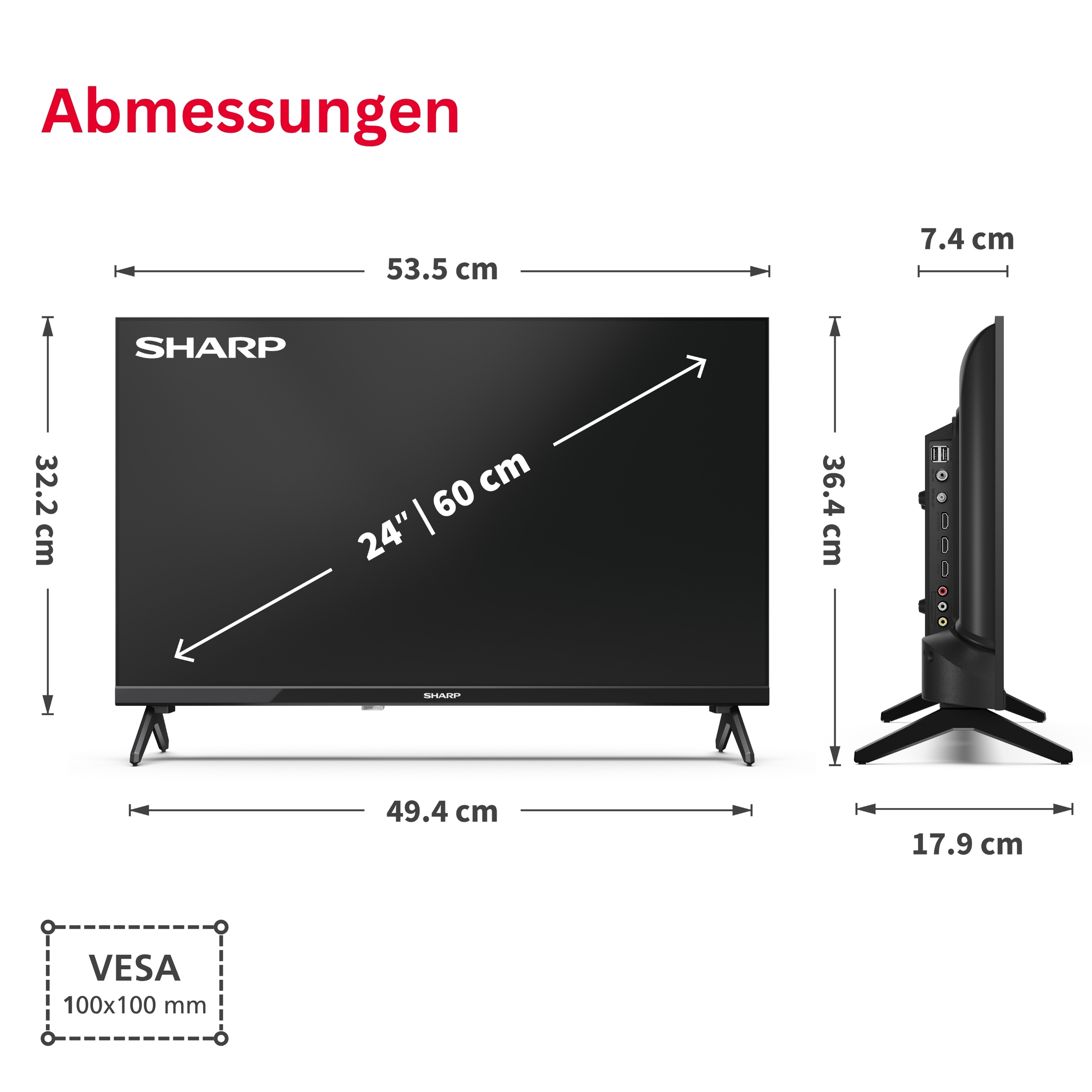 Abmessungen eines 24-Zoll-Sharp-Fernsehers: 53,5x36,4x7,4 cm, VESA 100x100 mm.
