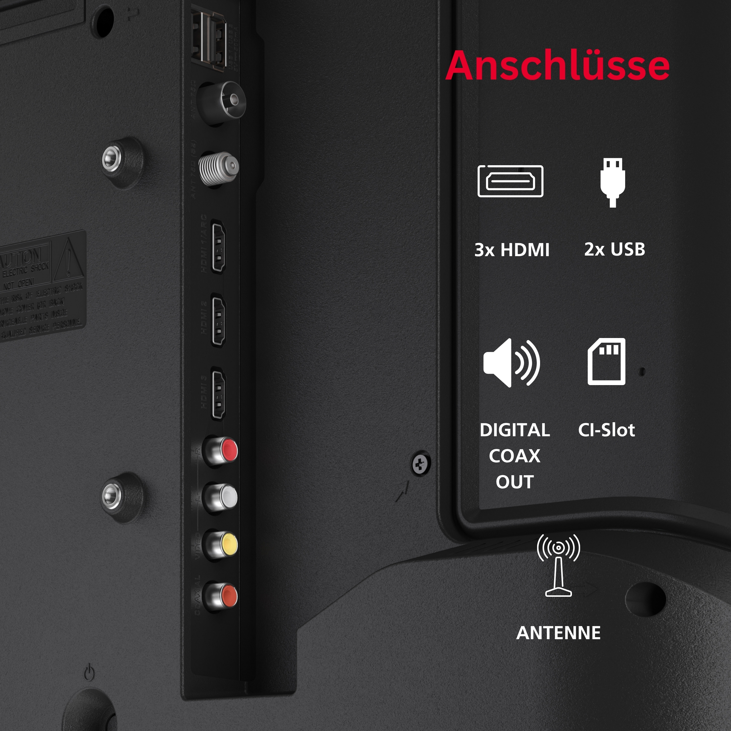 Anschlüsse: 3x HDMI, 2x USB, Digital Coax Out, CI-Slot, Antenne.