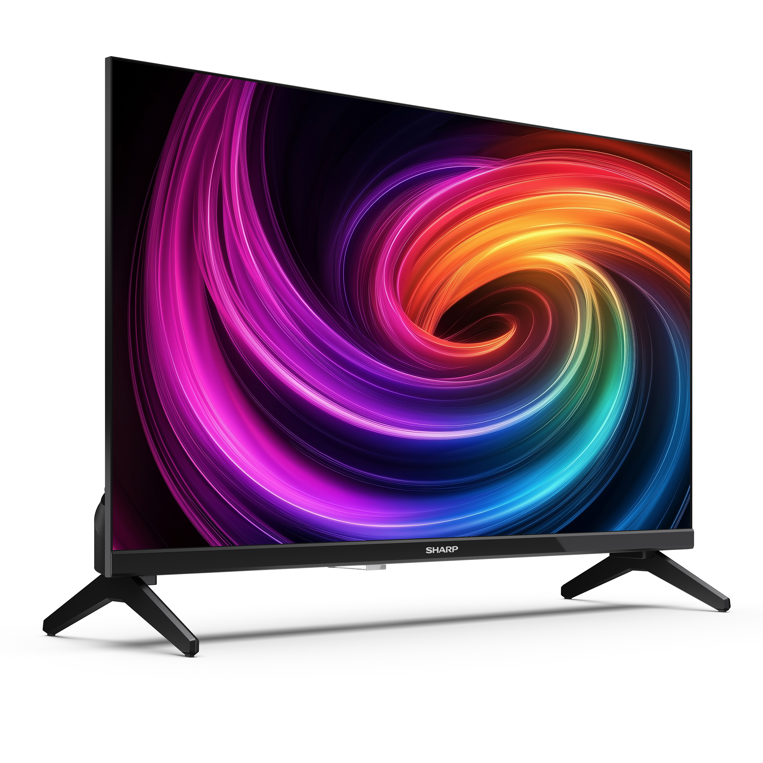 Ein Sharp Fernseher mit einem wirbelnden bunten Muster auf dem Bildschirm.