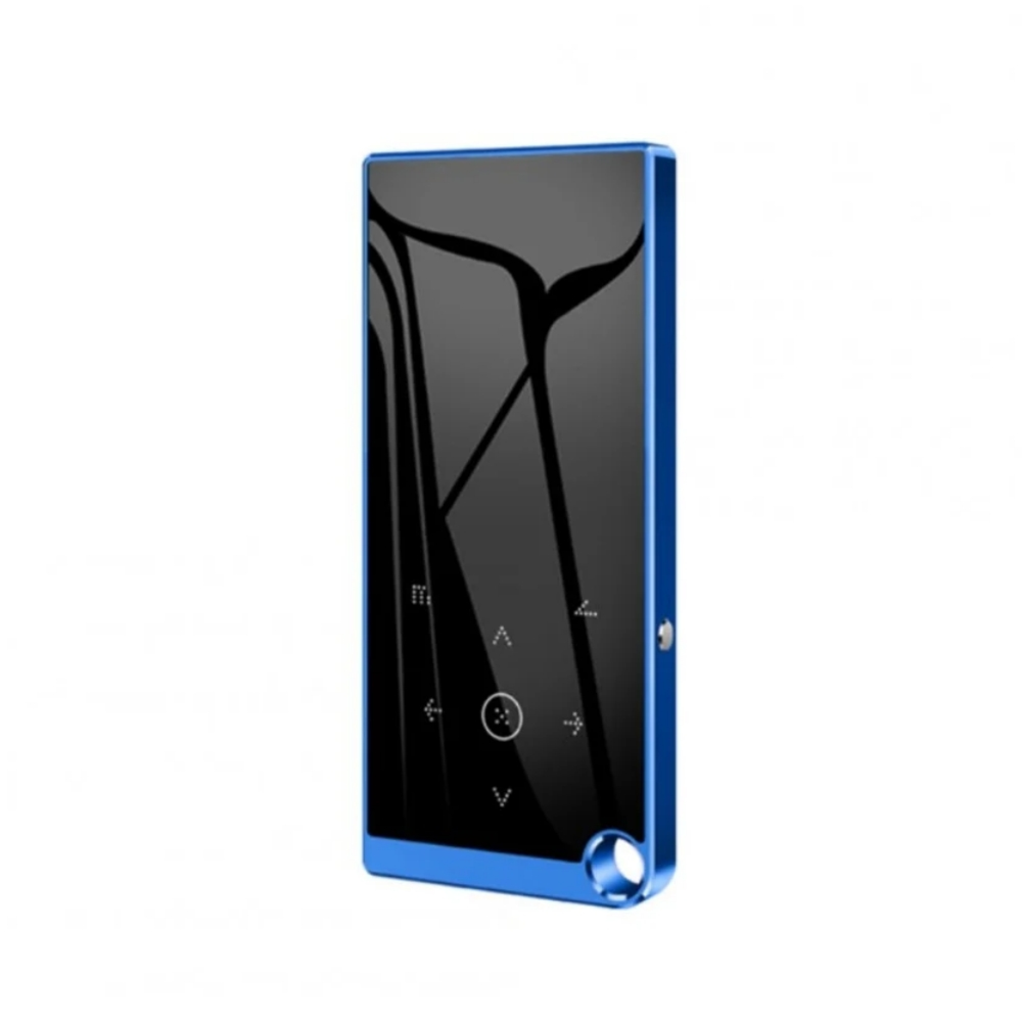 Ein blauer tragbarer Musikplayer mit einem schwarzen Bildschirm und Touch-Steuerung.