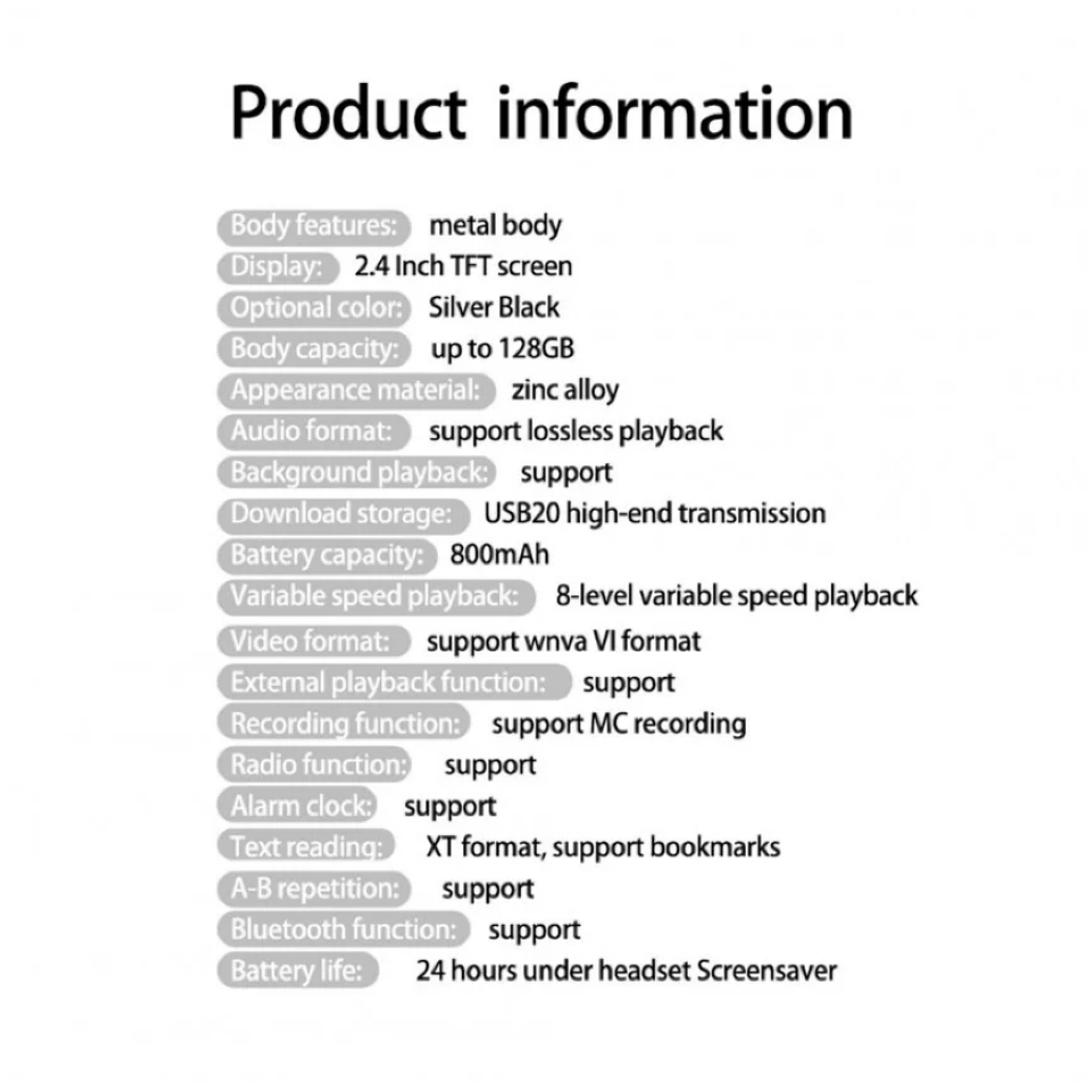 Produktinformationen: Metallgehäuse, 2,4-Zoll-TFT-Bildschirm, 128 GB Speicher.