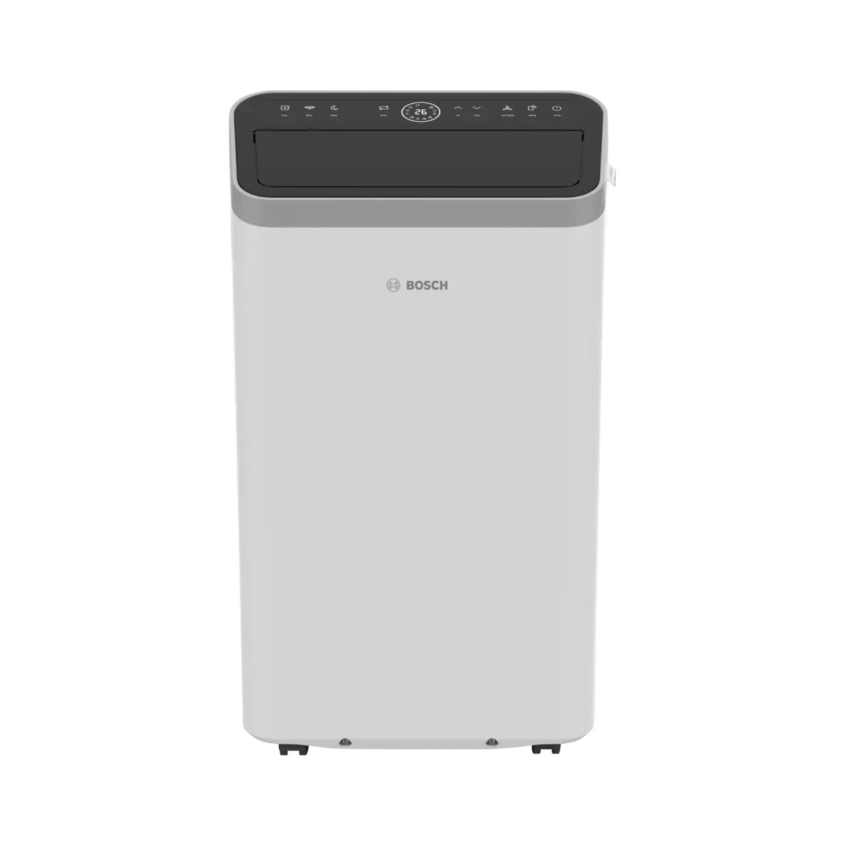 Ein weißer Bosch-Klimaanlage mit schwarzem Oberteil, Icons und Temperaturanzeige.
