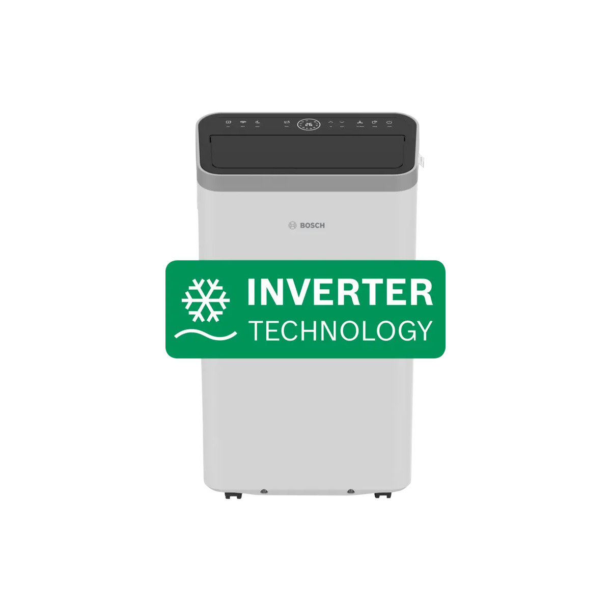 Ein weißer Bosch-Klimaanlage mit Digitalanzeige und 'Inverter Technology'-Badge.