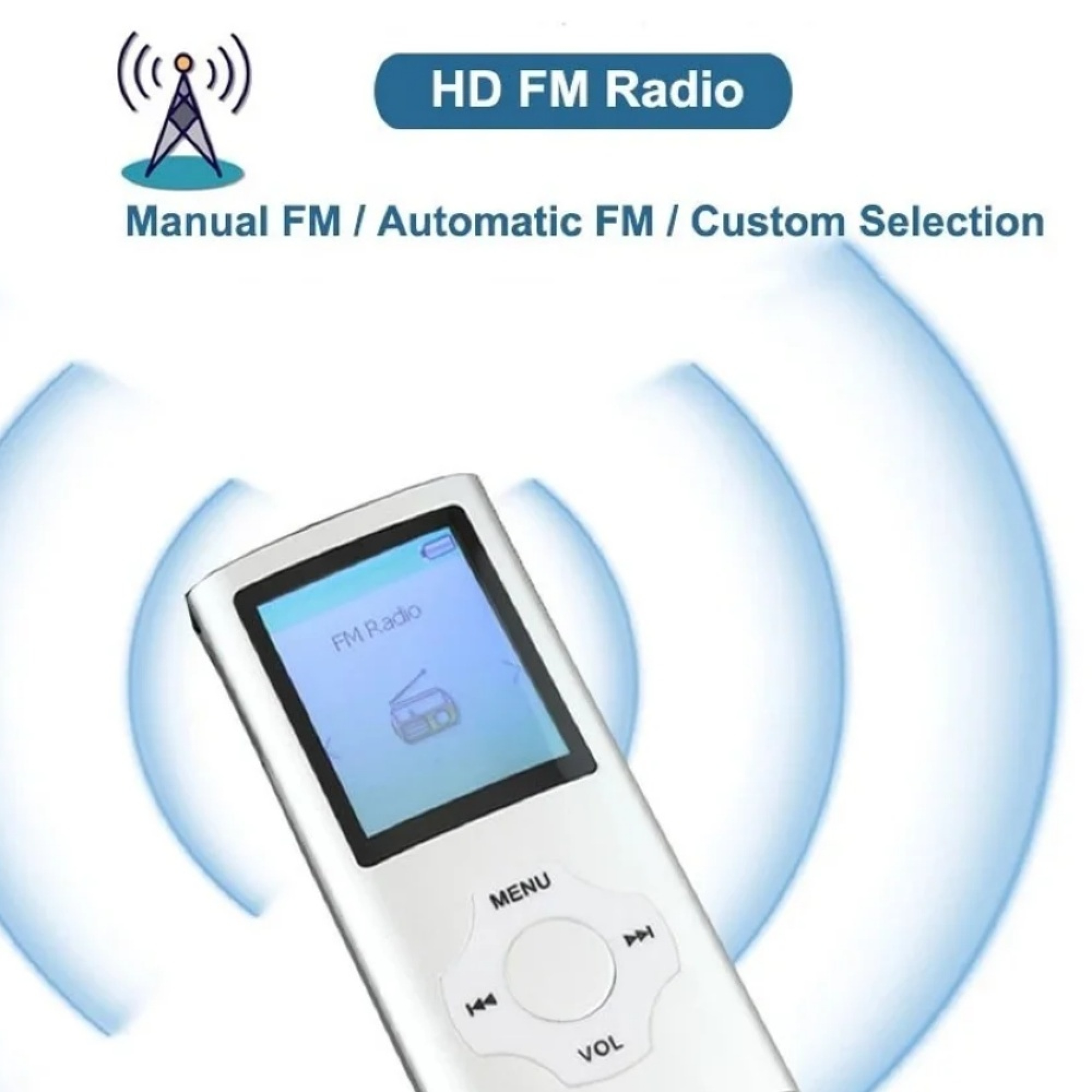 Ein weißer tragbarer FM-Radio-Player mit Menü und Lautstärketasten.