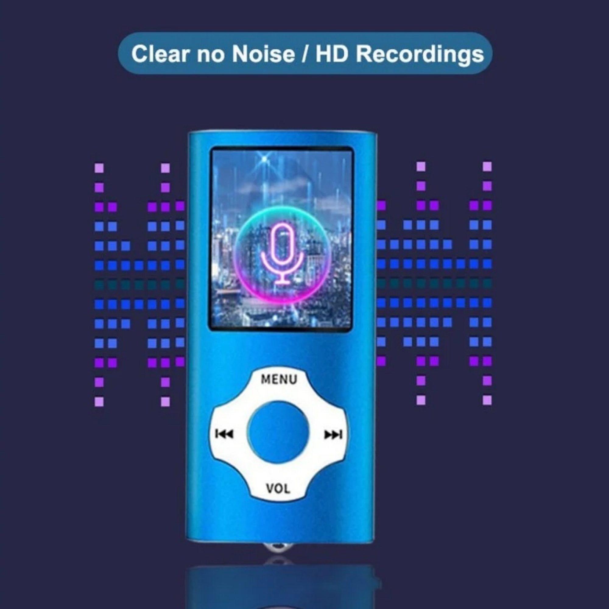 Ein blauer MP3-Player mit einem Mikrofon-Symbol auf dem Bildschirm und Equalizer-Balken.