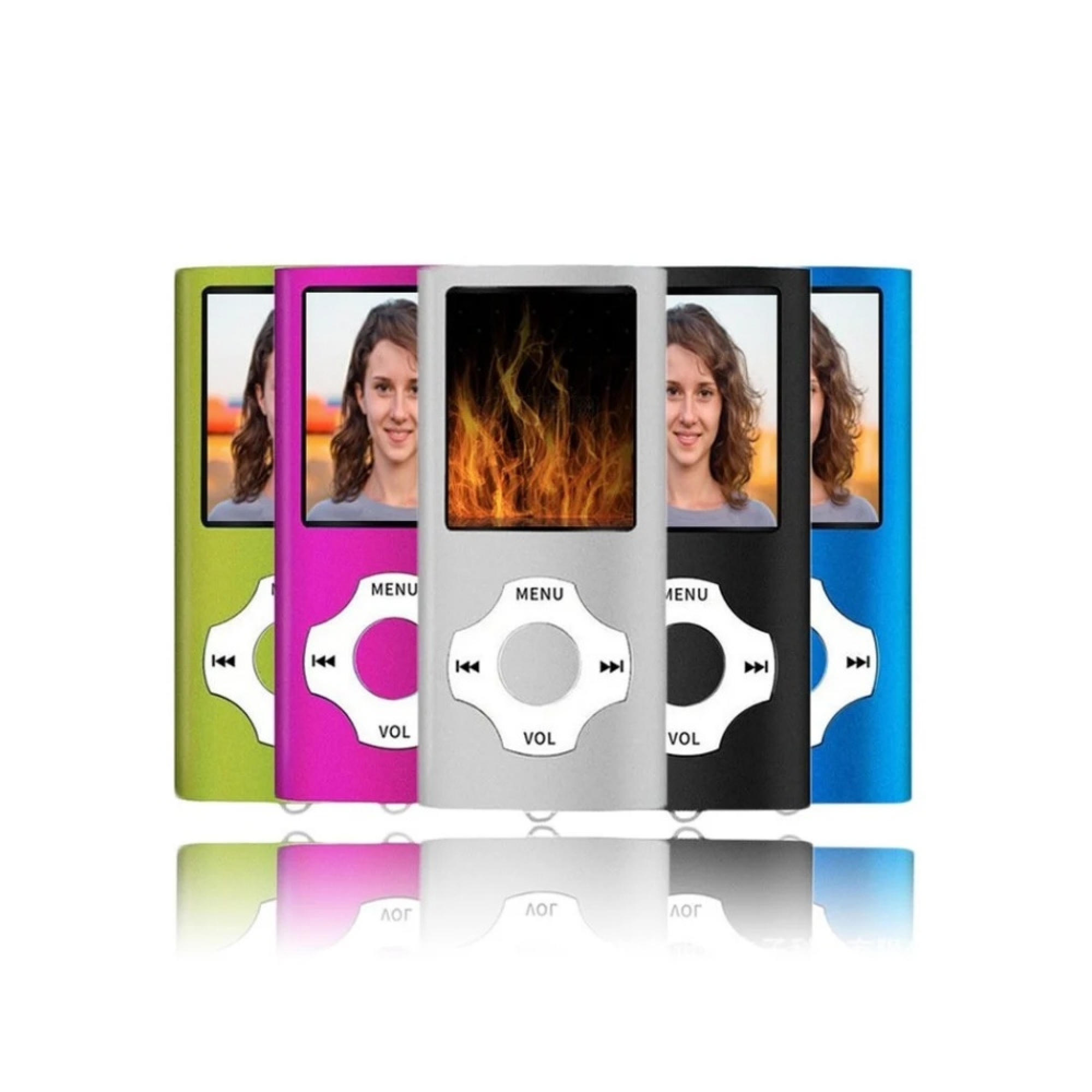Fünf MP3-Player in Grün, Pink, Silber, Schwarz und Blau nebeneinander.