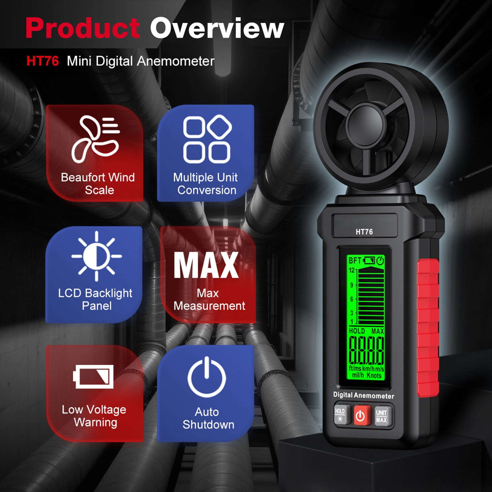 Digitaler Anemometer HT76 mit Merkmalen wie Beaufort-Skala, LCD, Max-Messung.