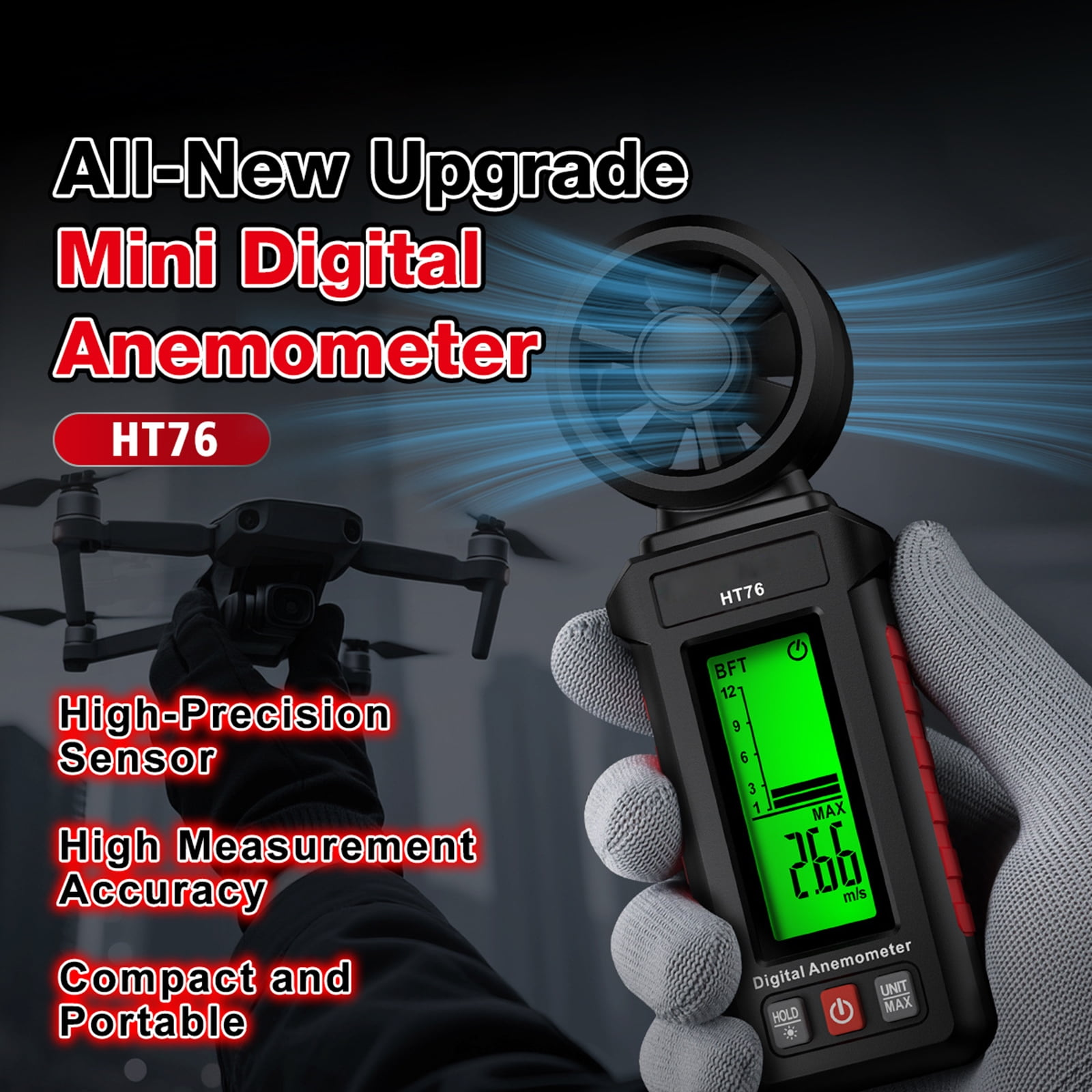 Ein digitales Anemometer HT76 wird von einer Hand gehalten, die einen Drohne hält.