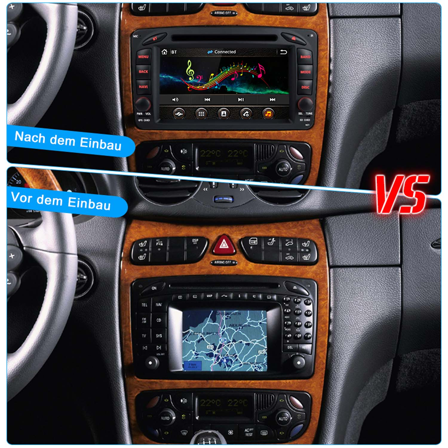 Vorher/Nachher-Vergleich eines Autoradios mit Navigation und Musikwiedergabe.
