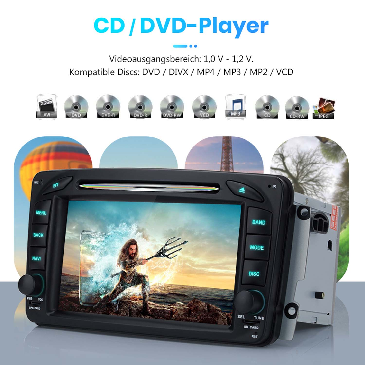 CD/DVD-Player mit Bild von Aquaman auf dem Bildschirm, diverse Disc-Symbole oben.