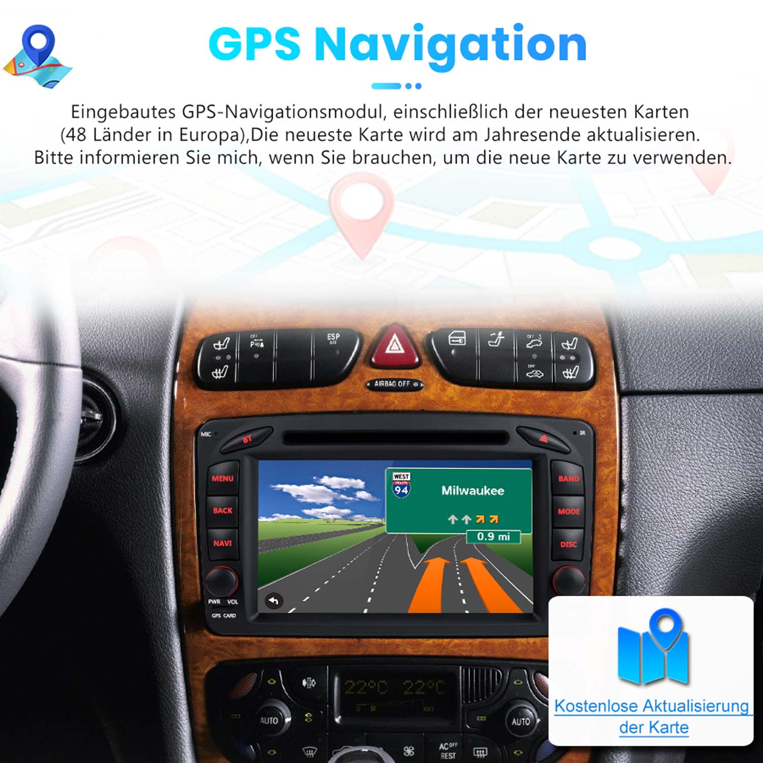 Das Bild zeigt das Armaturenbrett eines Autos mit einem GPS-Navigationssystem. Es gibt auch Text auf Deutsch.