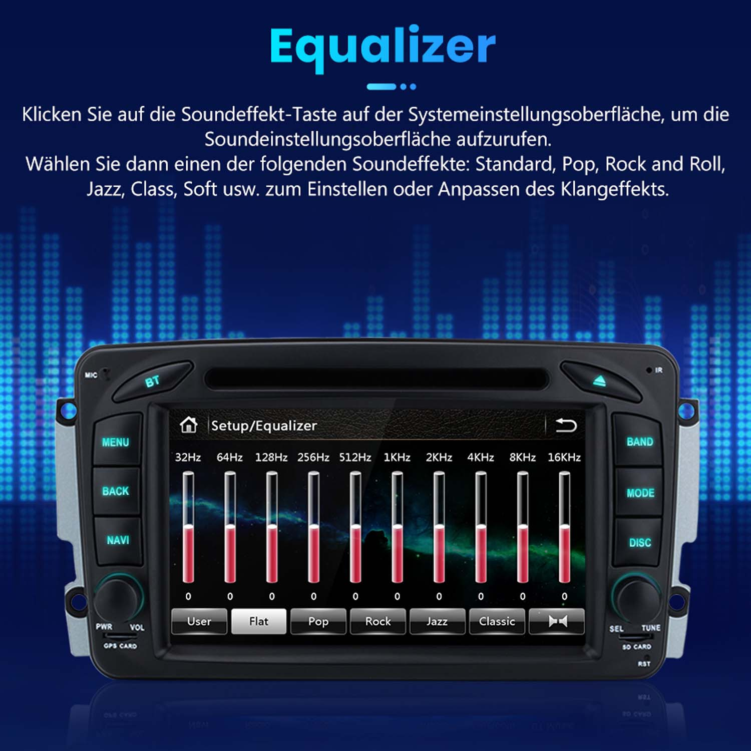 Ein Autoradio-Equalizer mit Pegelanzeigen und voreingestellten Soundmodi wie User, Flat, Pop, Rock, Jazz, Classic.