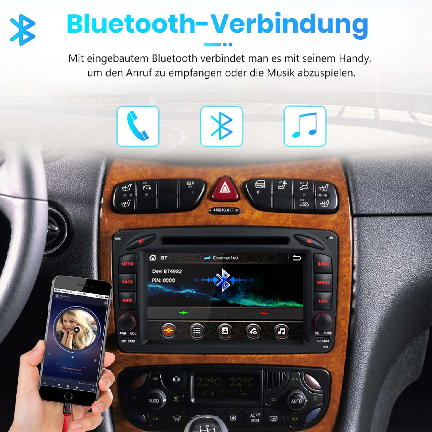 Ein Handy ist über Bluetooth mit dem Auto verbunden. Musikwiedergabe.