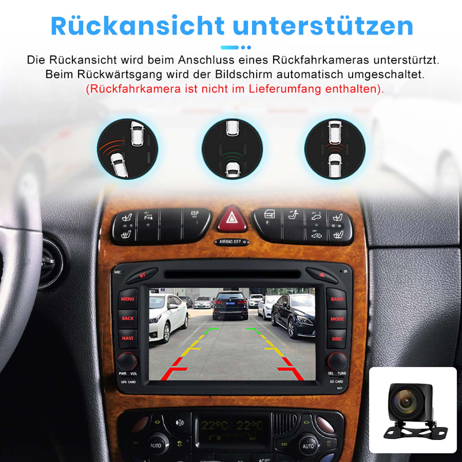 Auto-Rückfahrkamera-Ansicht auf dem Infotainment-Bildschirm mit Parkhilfslinien.