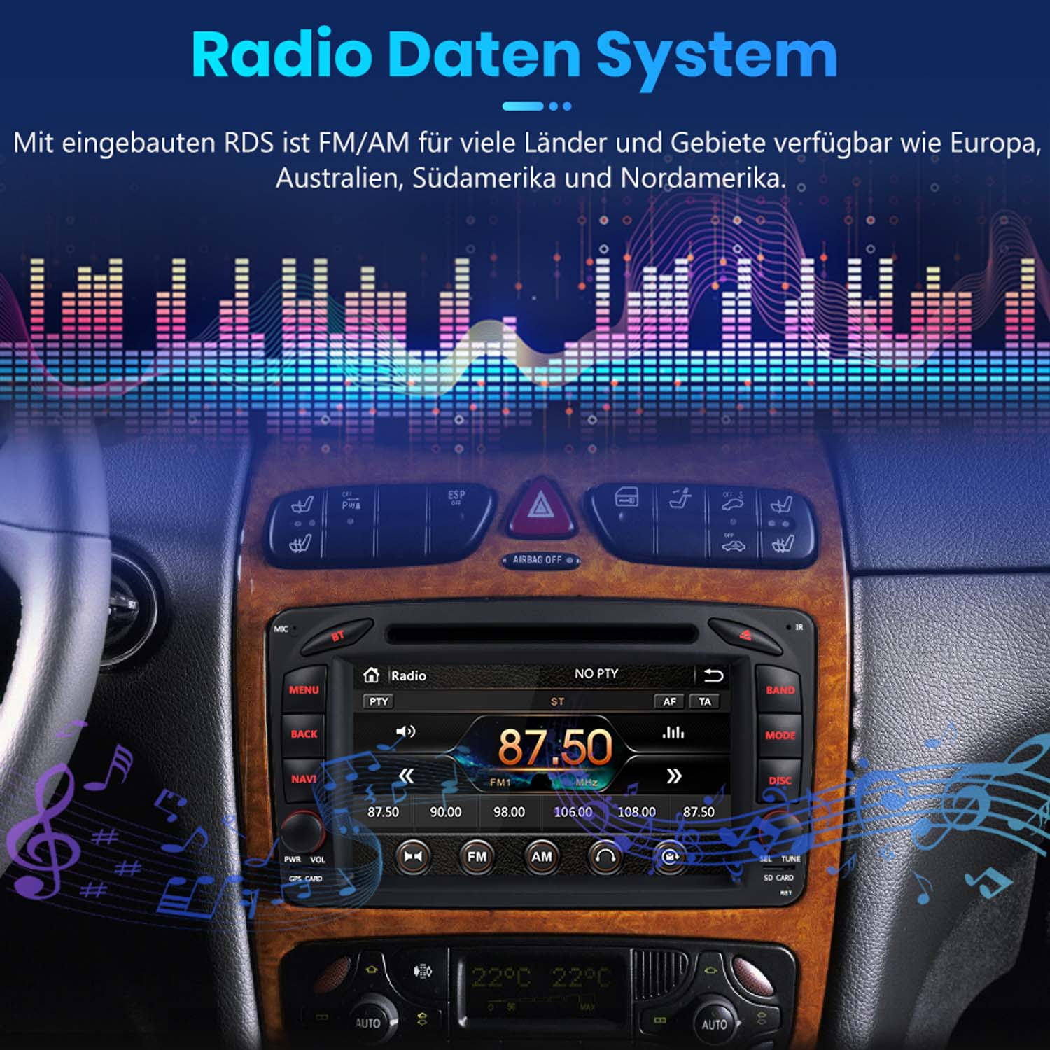 Auto-Radio mit Equalizer-Anzeige, Musiknoten und RDS-Text.