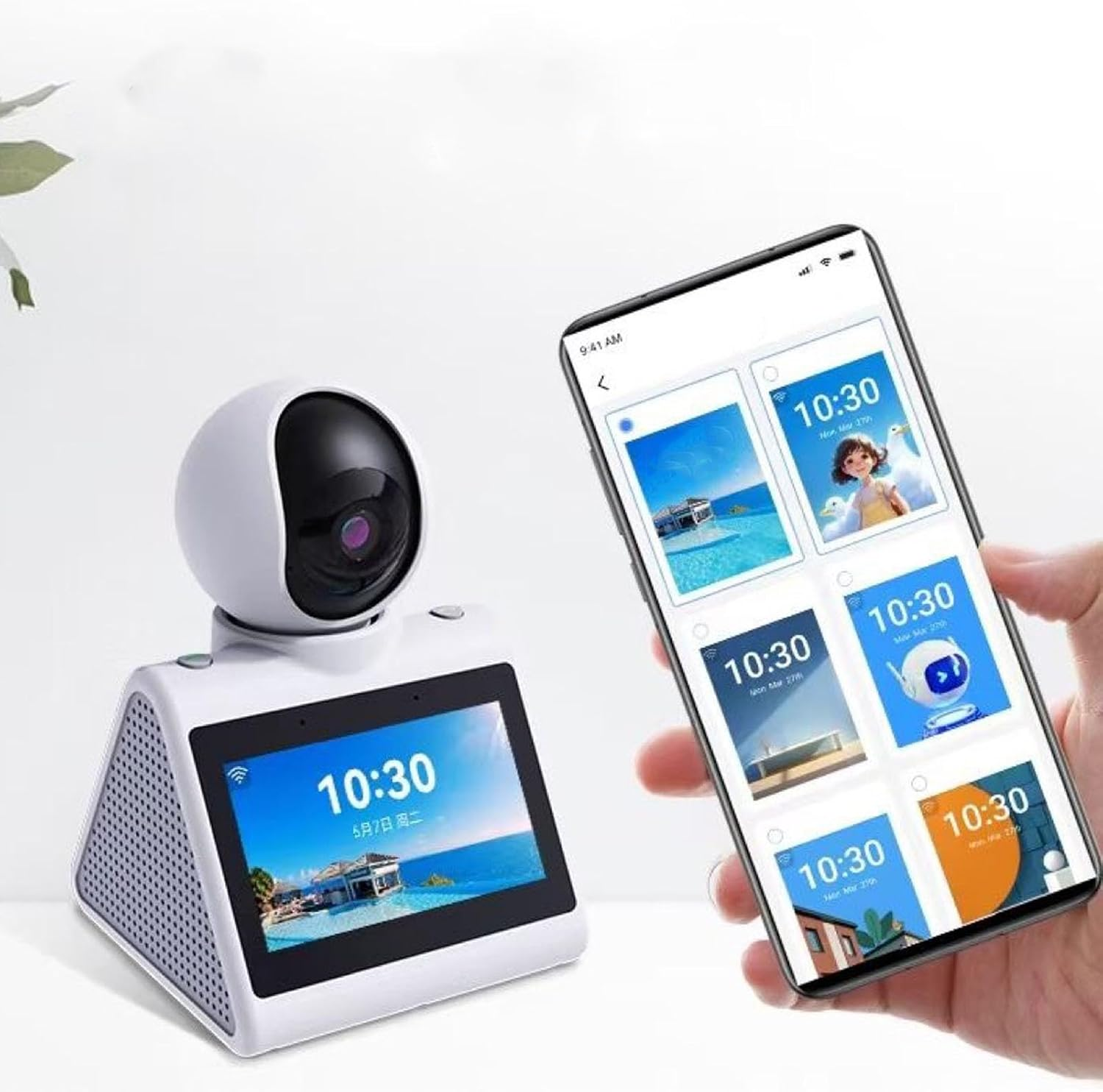 Ein weißer Baby Monitor mit Kamera und ein Smartphone mit verschiedenen Display-Optionen.