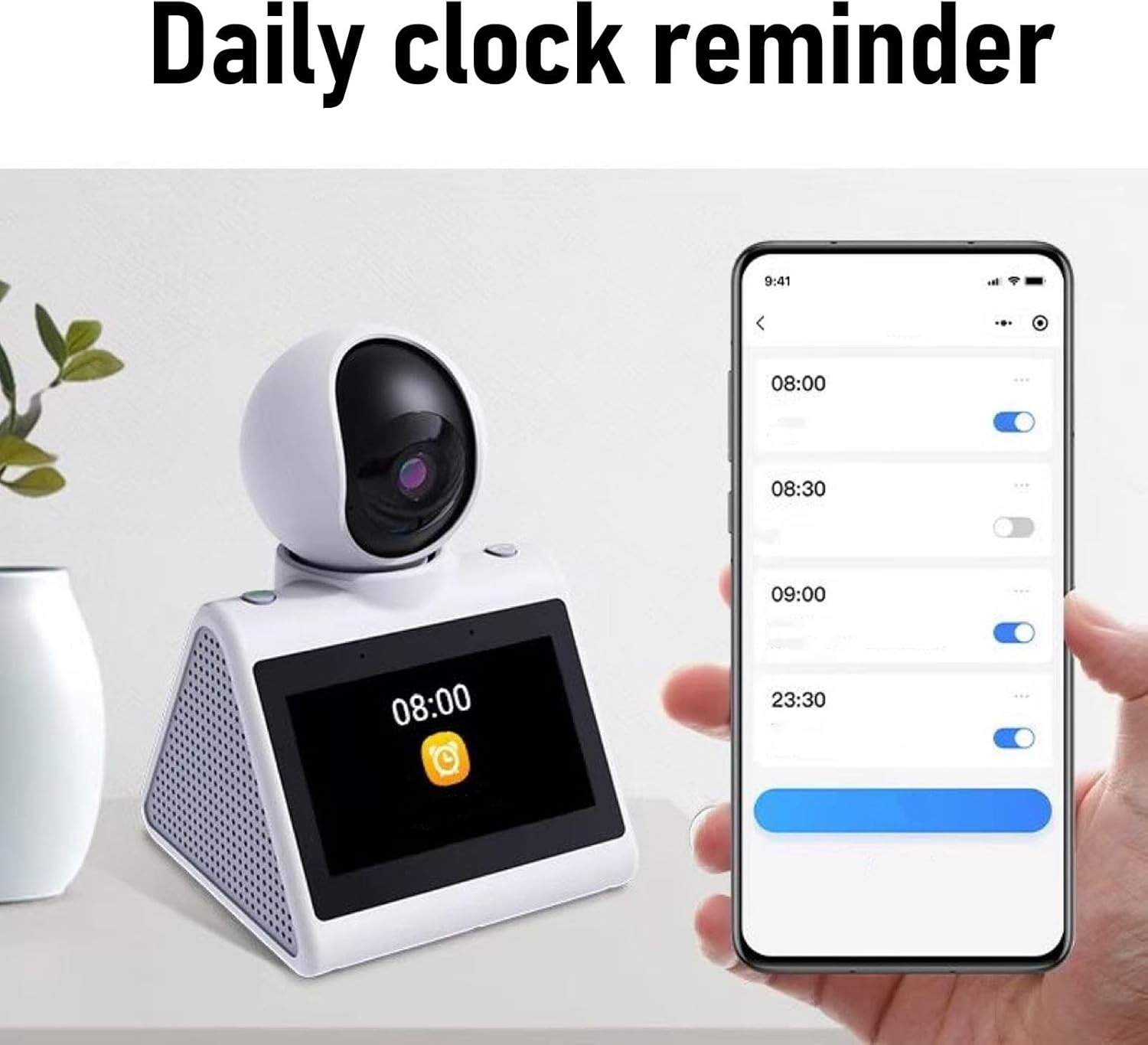 Weiße Smart-Kamera mit Bildschirm, zeigt 08:00, neben einem Telefon mit Alarmeinstellungen.