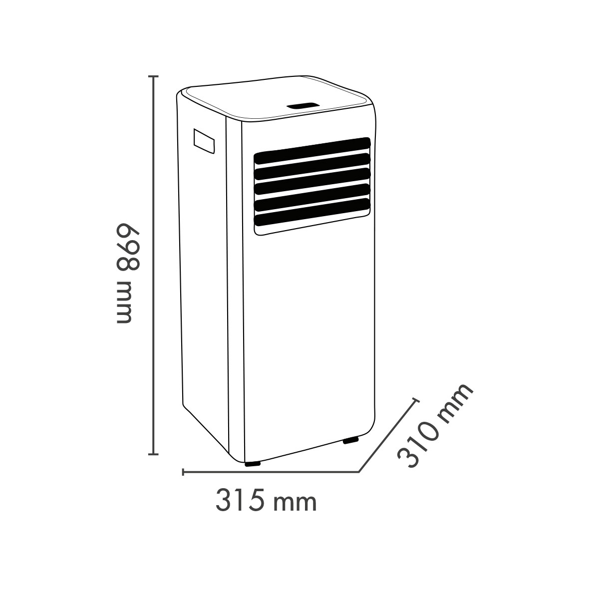 Un refrigeratore rettangolare alto con prese d'aria e dimensioni.