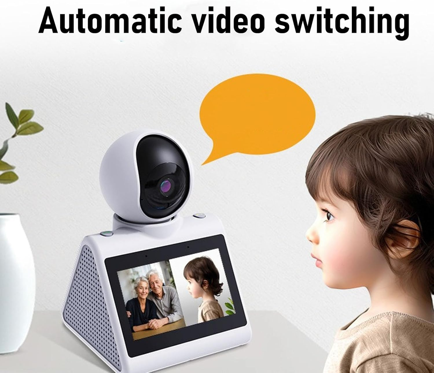Ein Kind schaut auf einen Smart-Monitor mit zwei Video-Feeds: ein älteres Ehepaar und ein Kind.