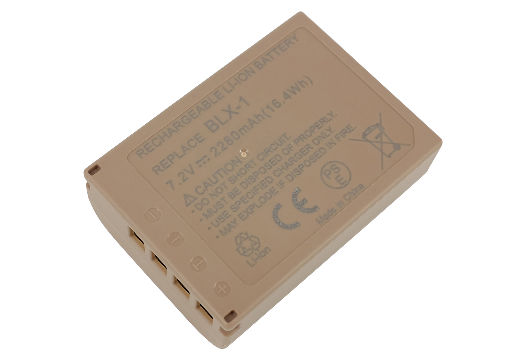 Beige Li-Ion Akku BLX-1, 7.2V, 2280mAh, mit Warnhinweisen.