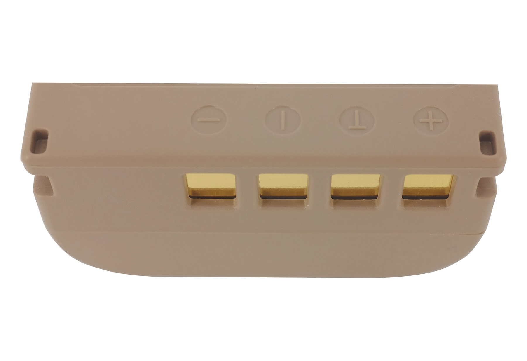 Ein beige Batteriepack mit goldenen Kontakten und Minus-/Plus-Symbolen.